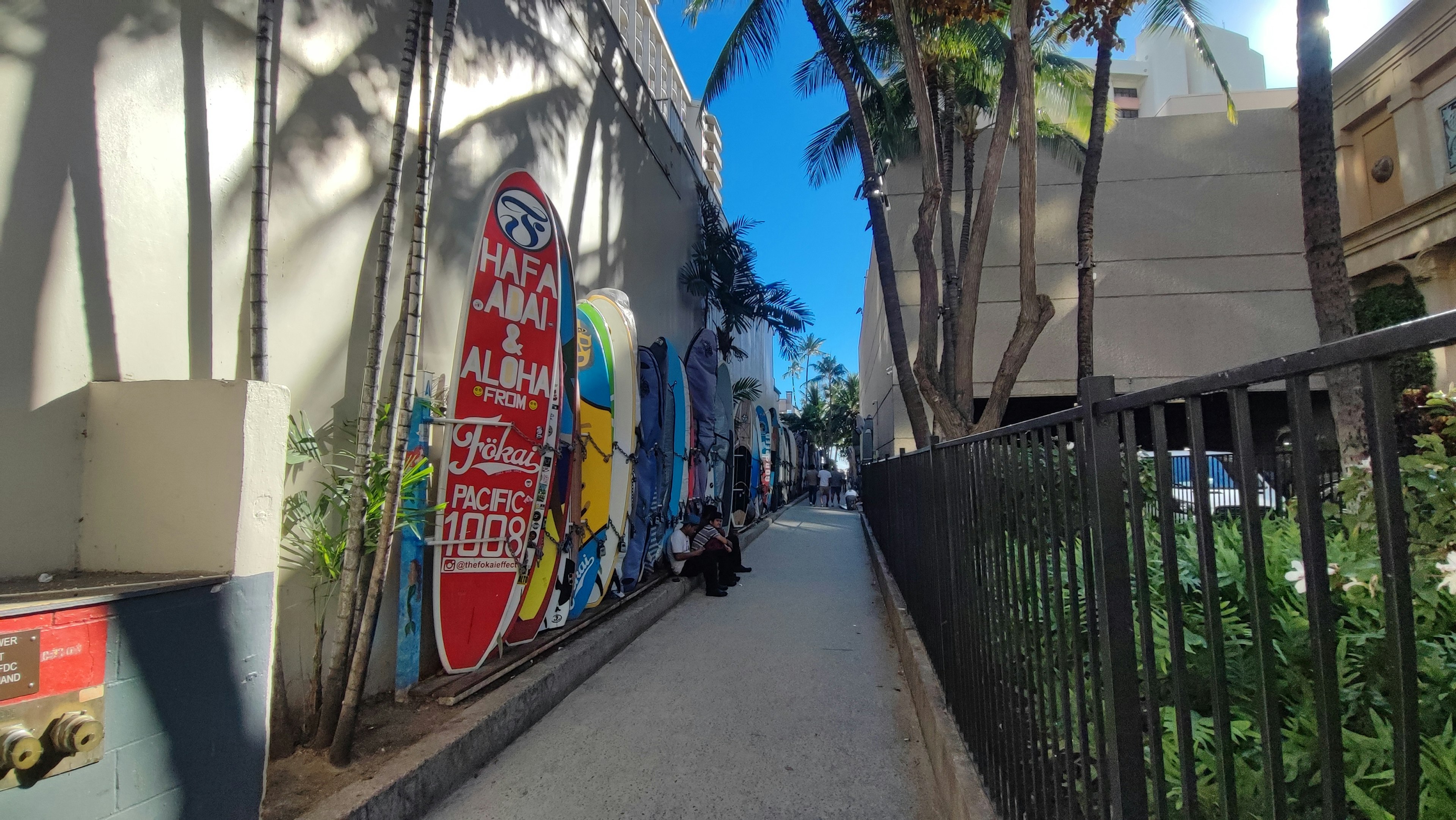 Un camino estrecho con graffiti coloridos en una pared y plantas verdes