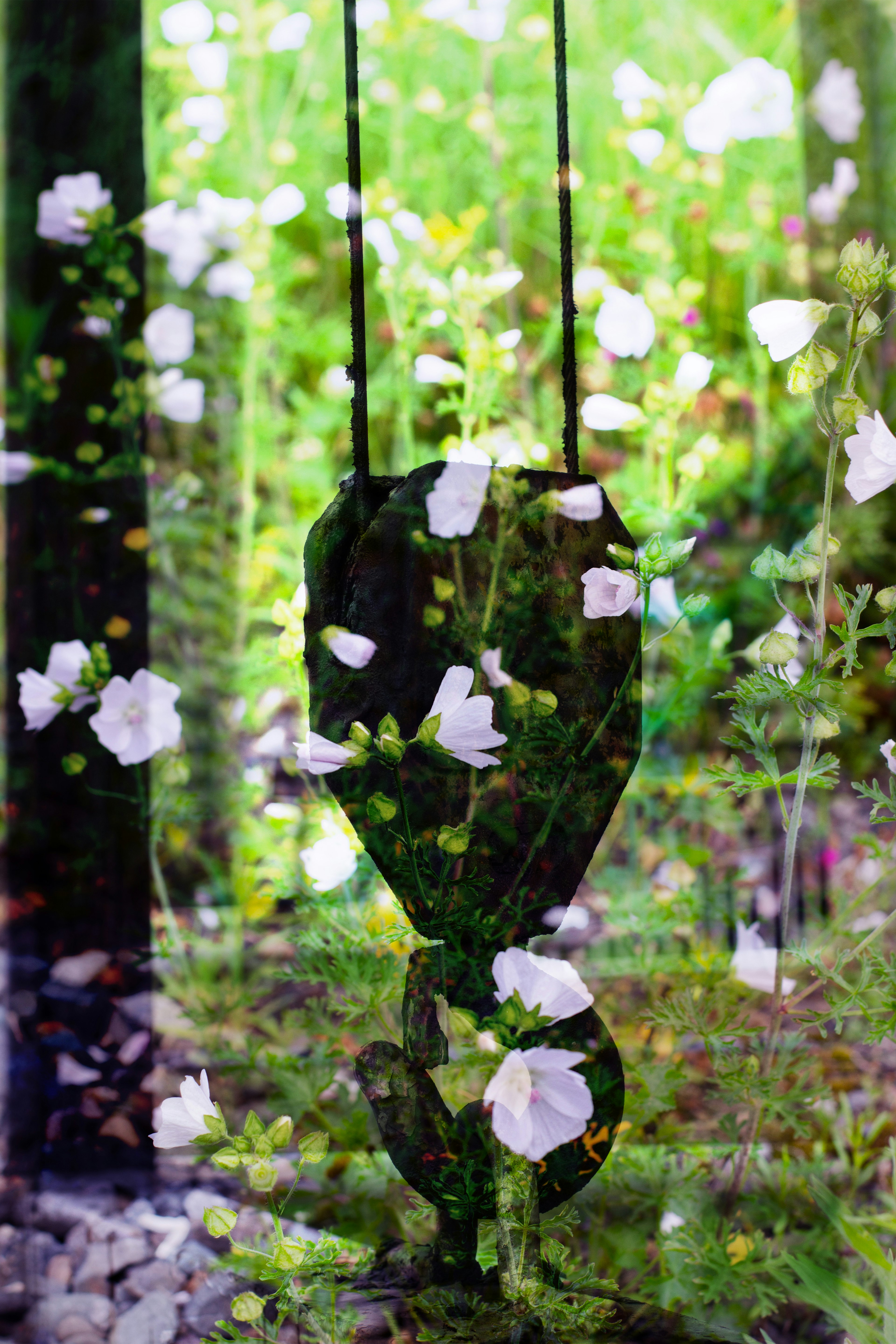 An image of an old pulley with a green background and overlapping flowers