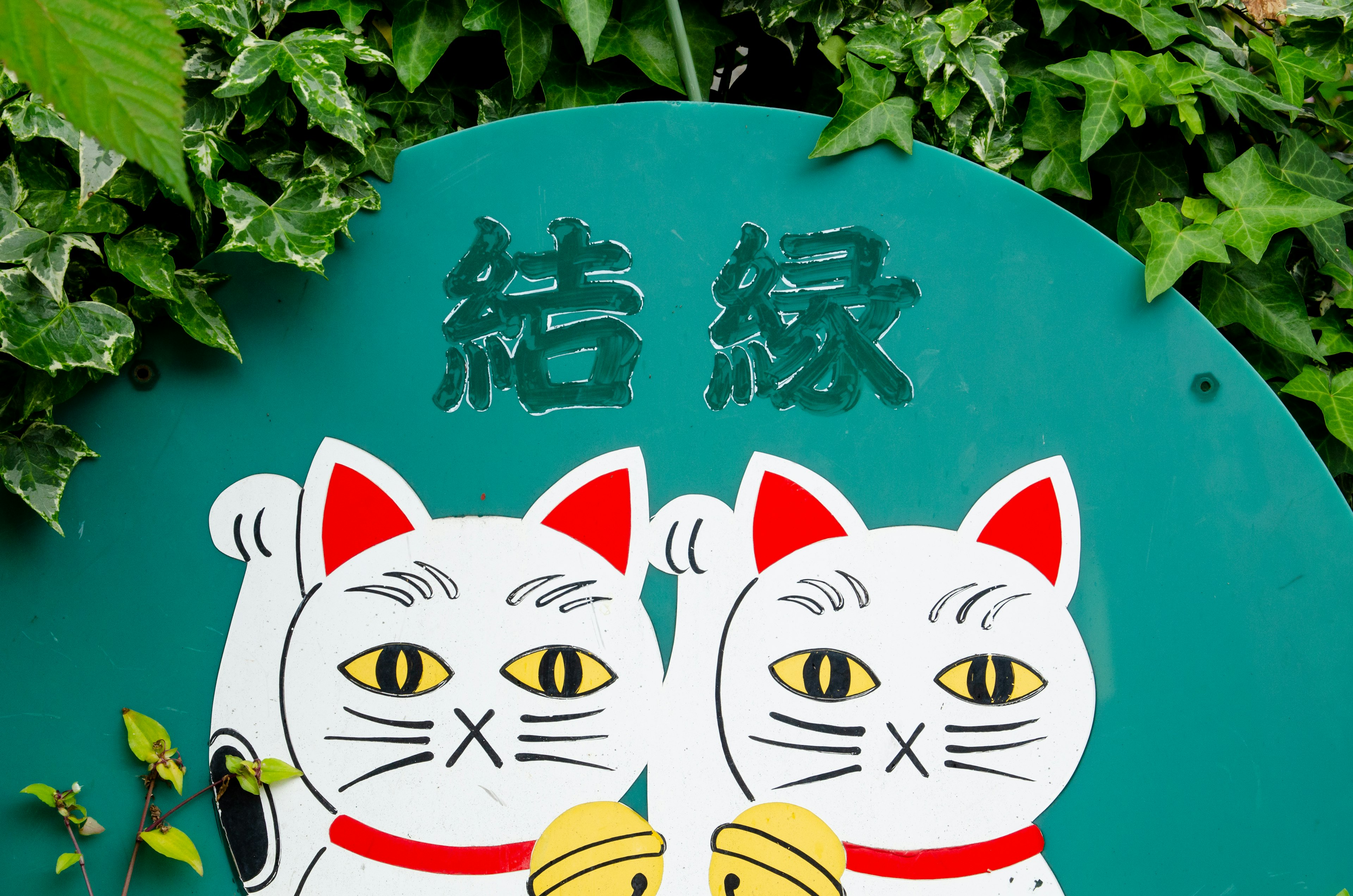 Sign featuring two white cat characters with green background