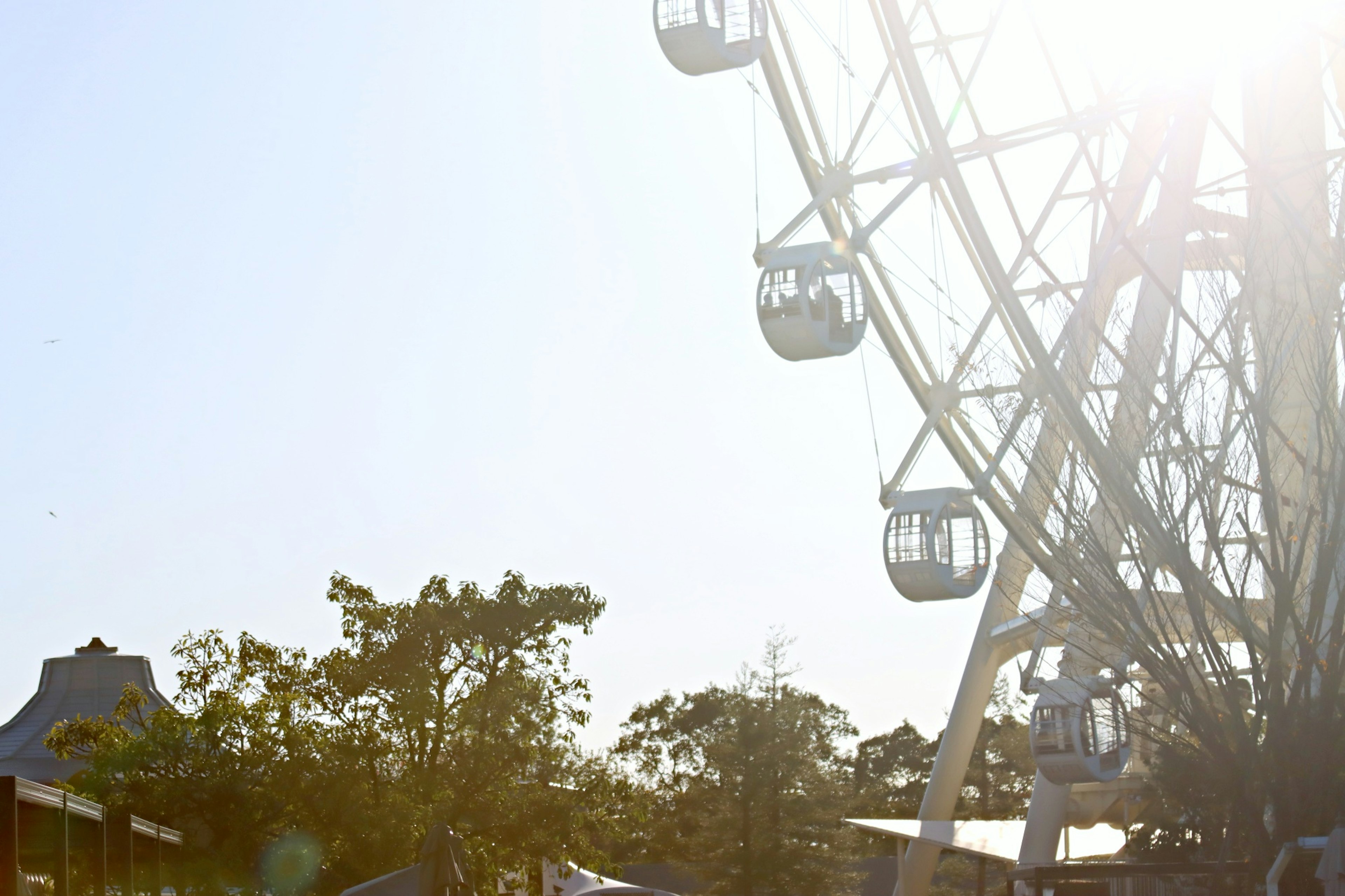 Sebuah roda ferris putih dengan sinar matahari yang cerah