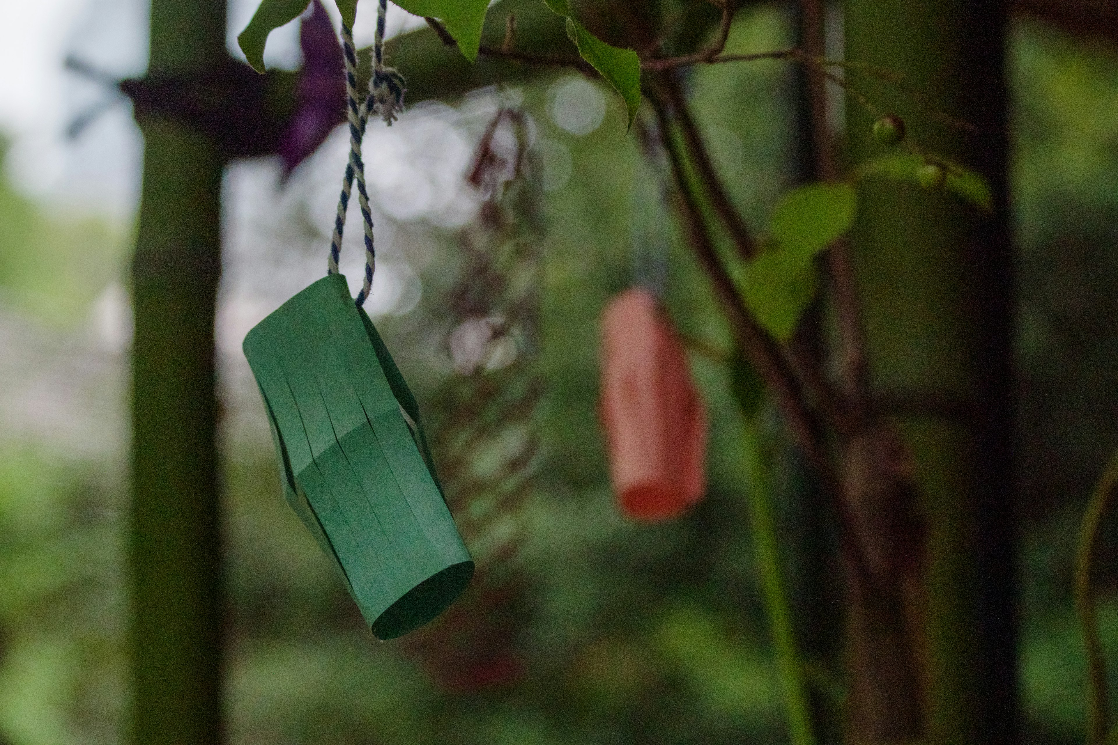 Décorations en papier vert et orange suspendues à une branche de bambou avec un feuillage vert flou en arrière-plan