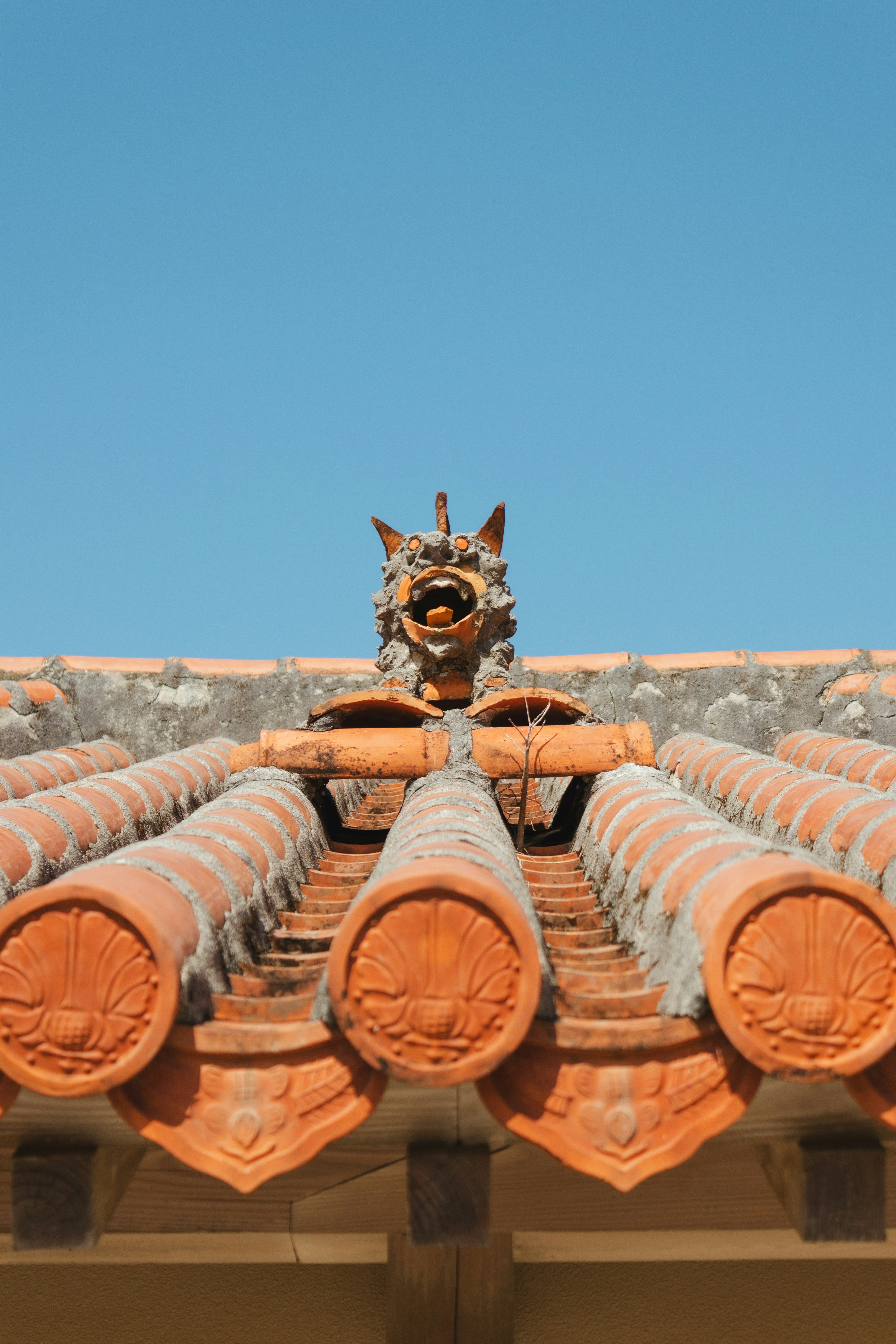 Decorazione di leone su un tetto di tegole rosse