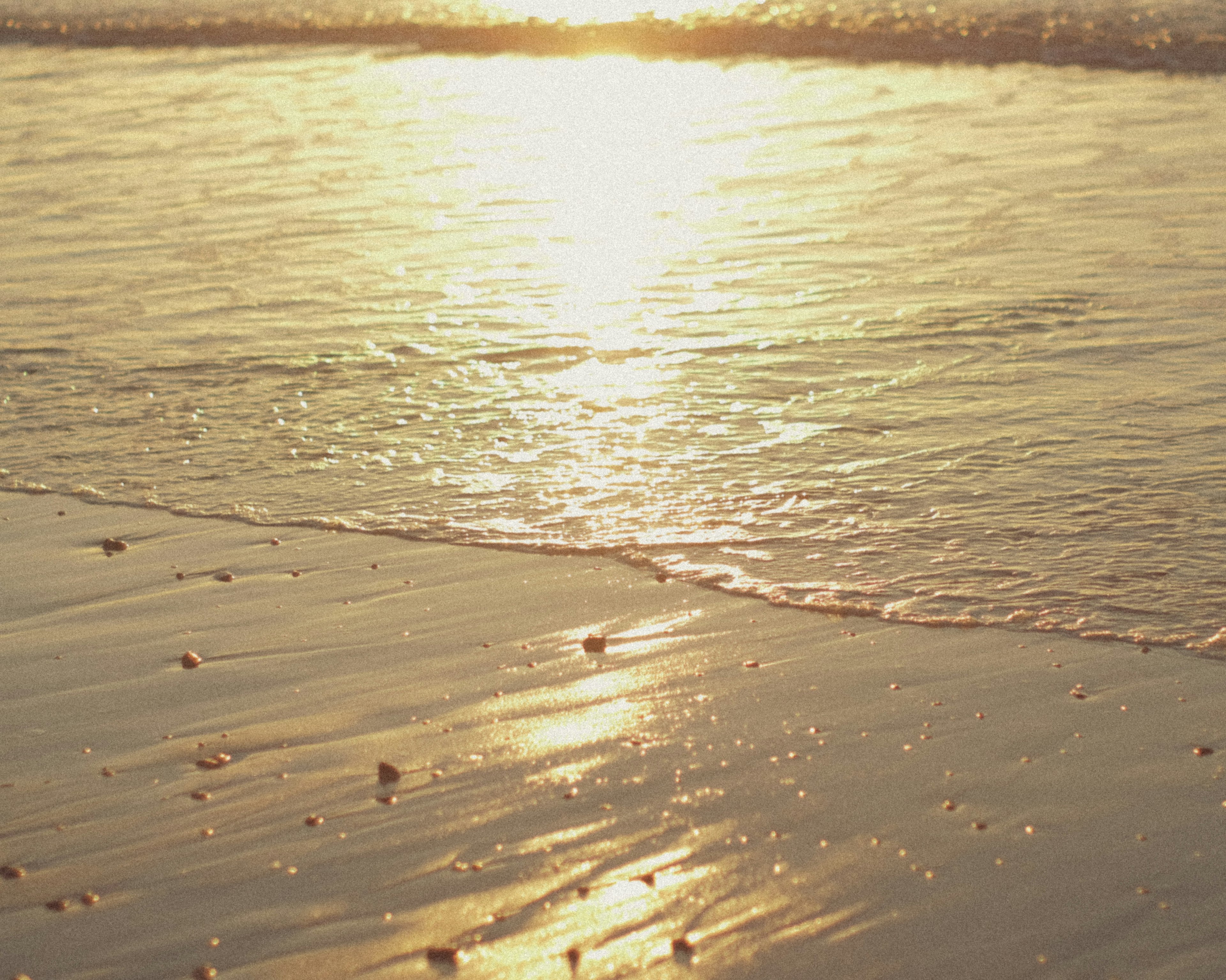 Onde calme che riflettono la luce sulla riva al tramonto