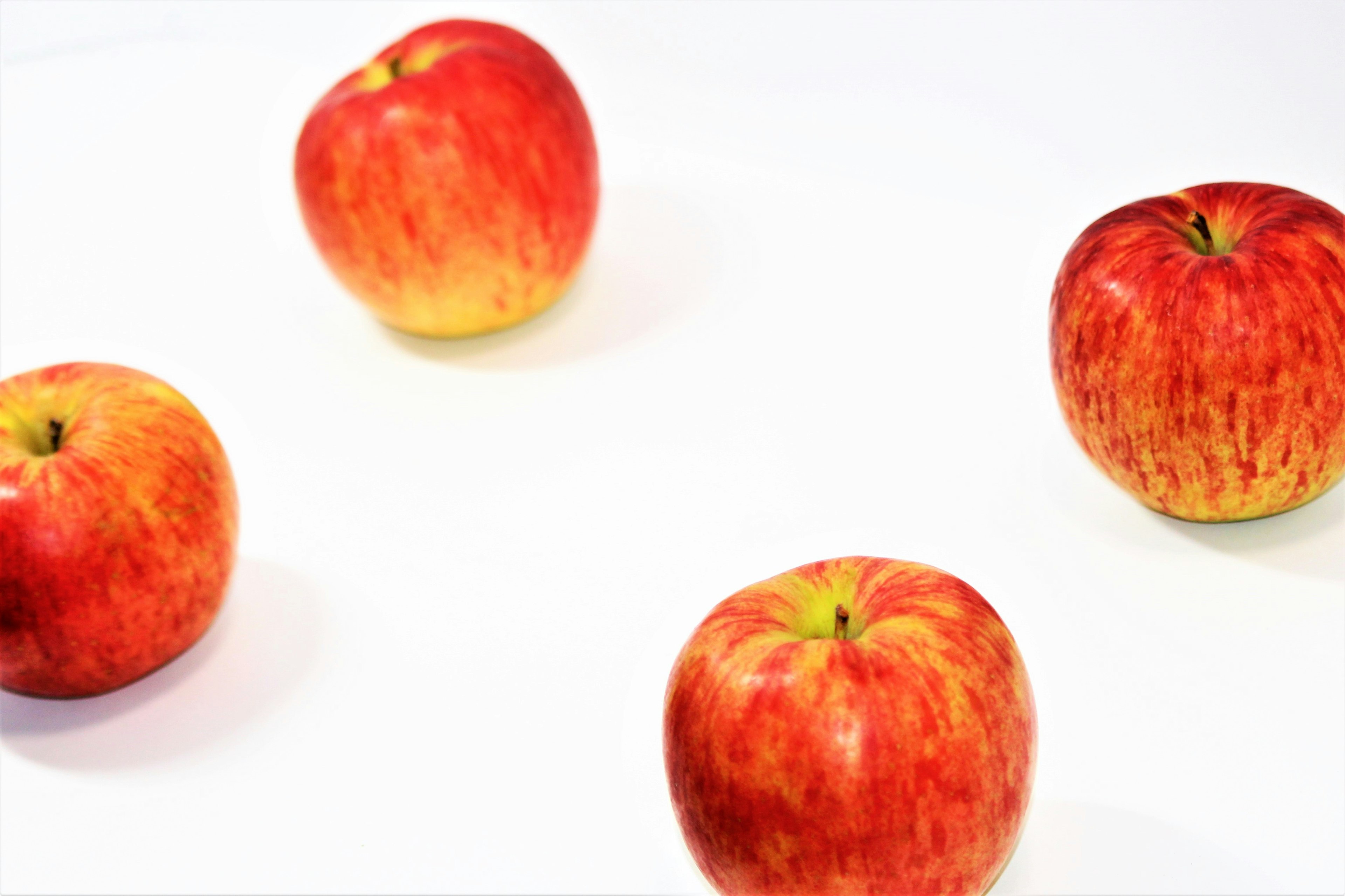 Quatre pommes rouges sur un fond blanc