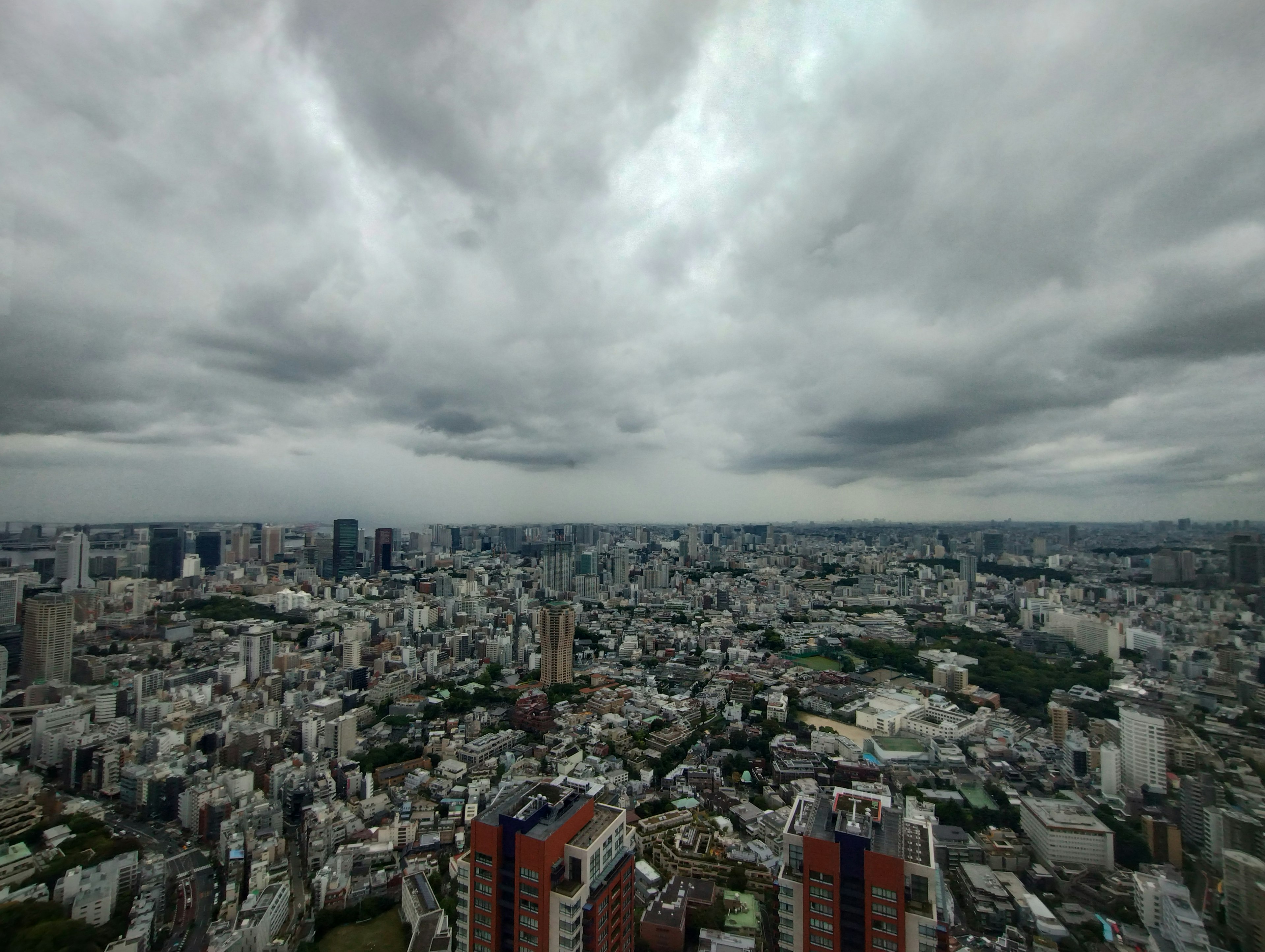 Panoramablick auf die Skyline von Tokio unter einem bewölkten Himmel