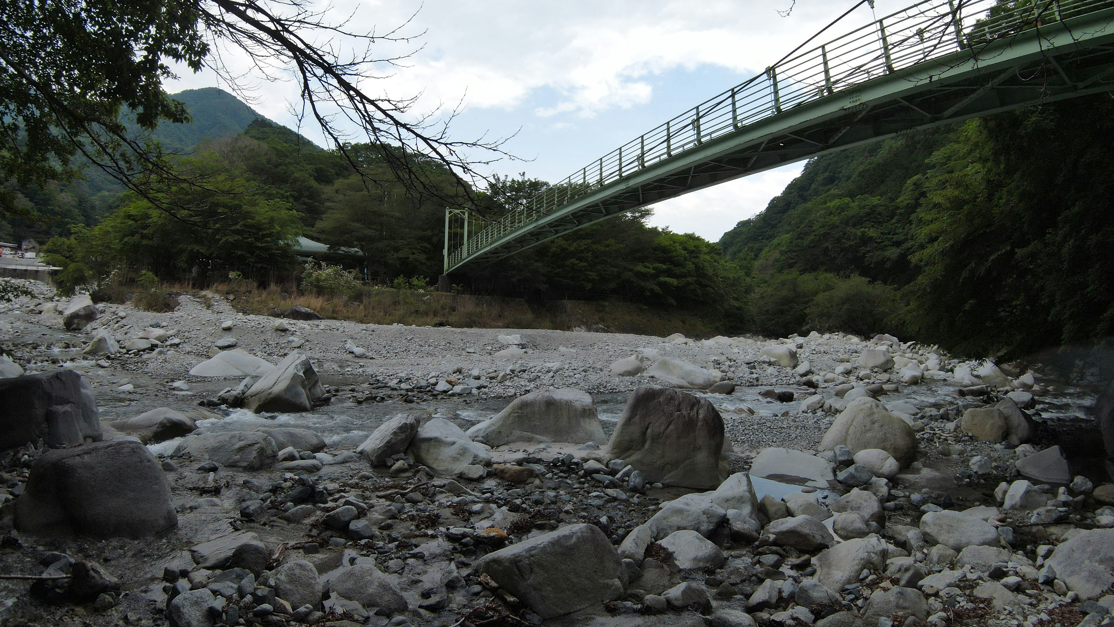 緑の橋がある河川の風景 岩と石が点在する河原 緑の木々に囲まれた自然の景色