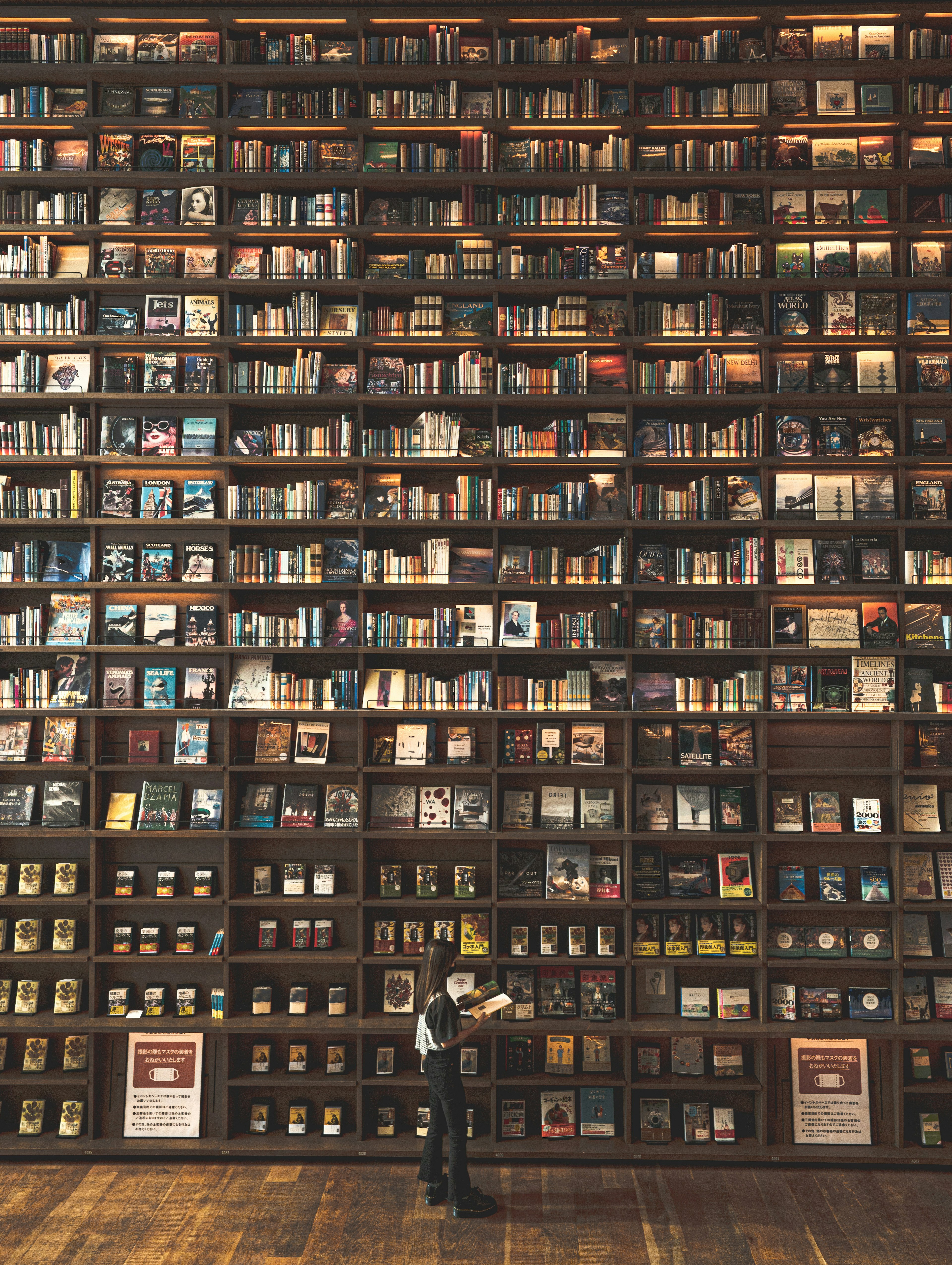 Una persona buscando un libro en una gran biblioteca con estantes altos