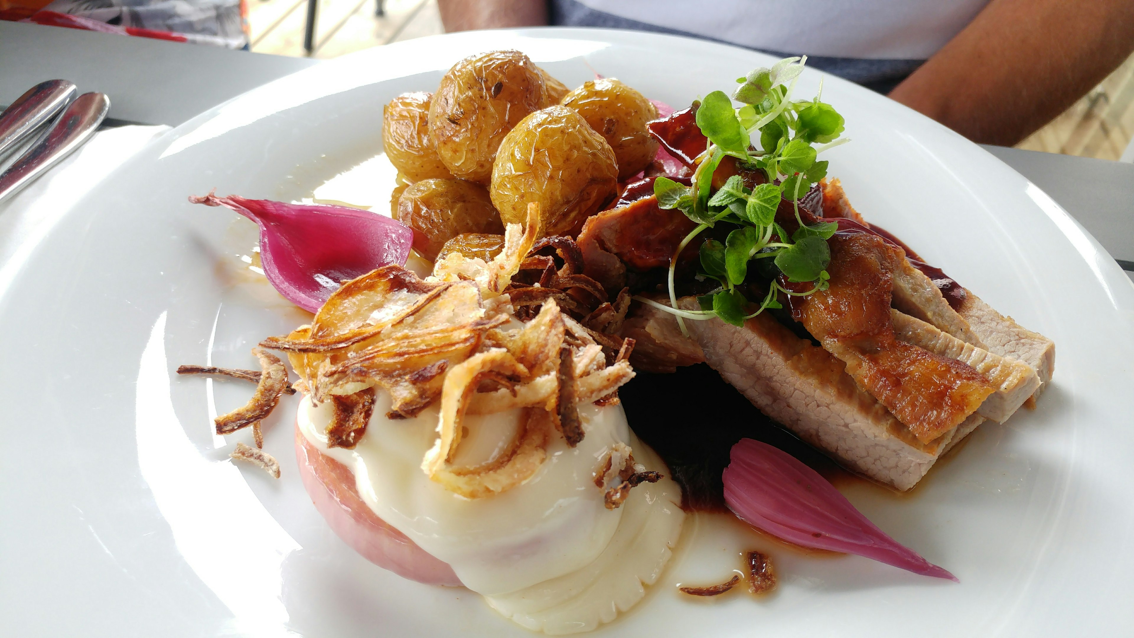 Plato bellamente presentado con una combinación de pescado y carne acompañado de papas y hierbas