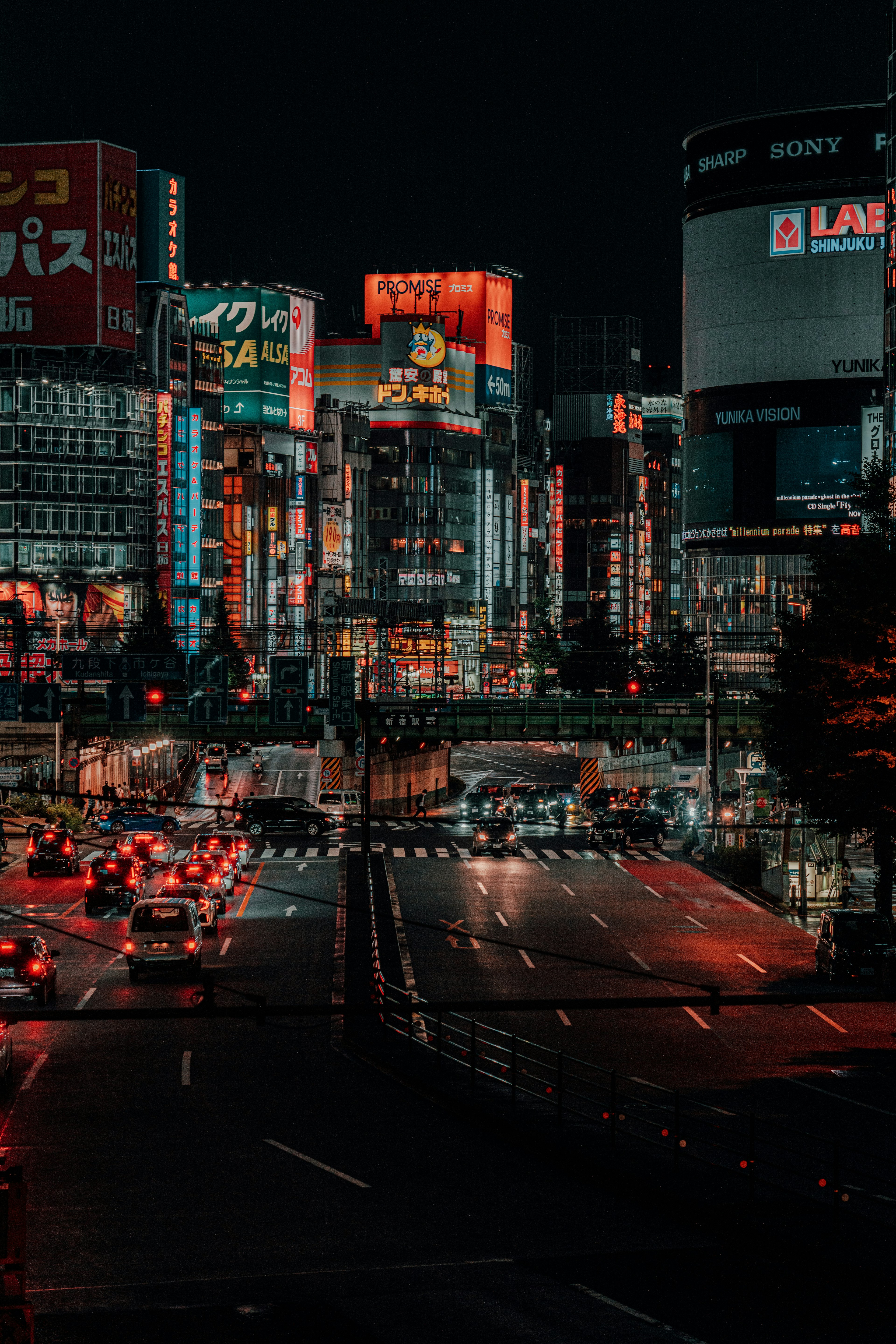 Night cityscape featuring bright neon signs and busy streets