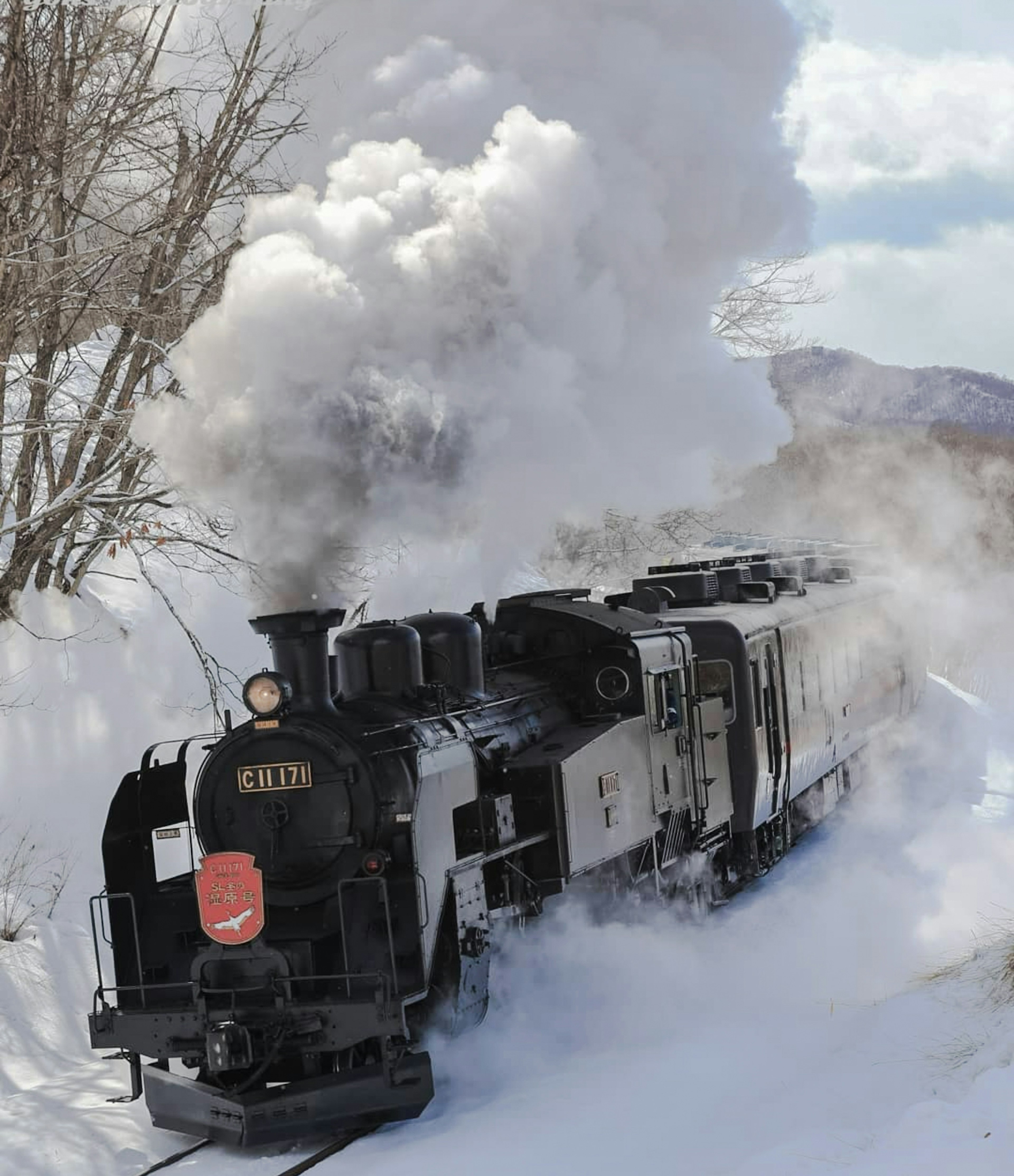 雪の中を走る蒸気機関車と煙