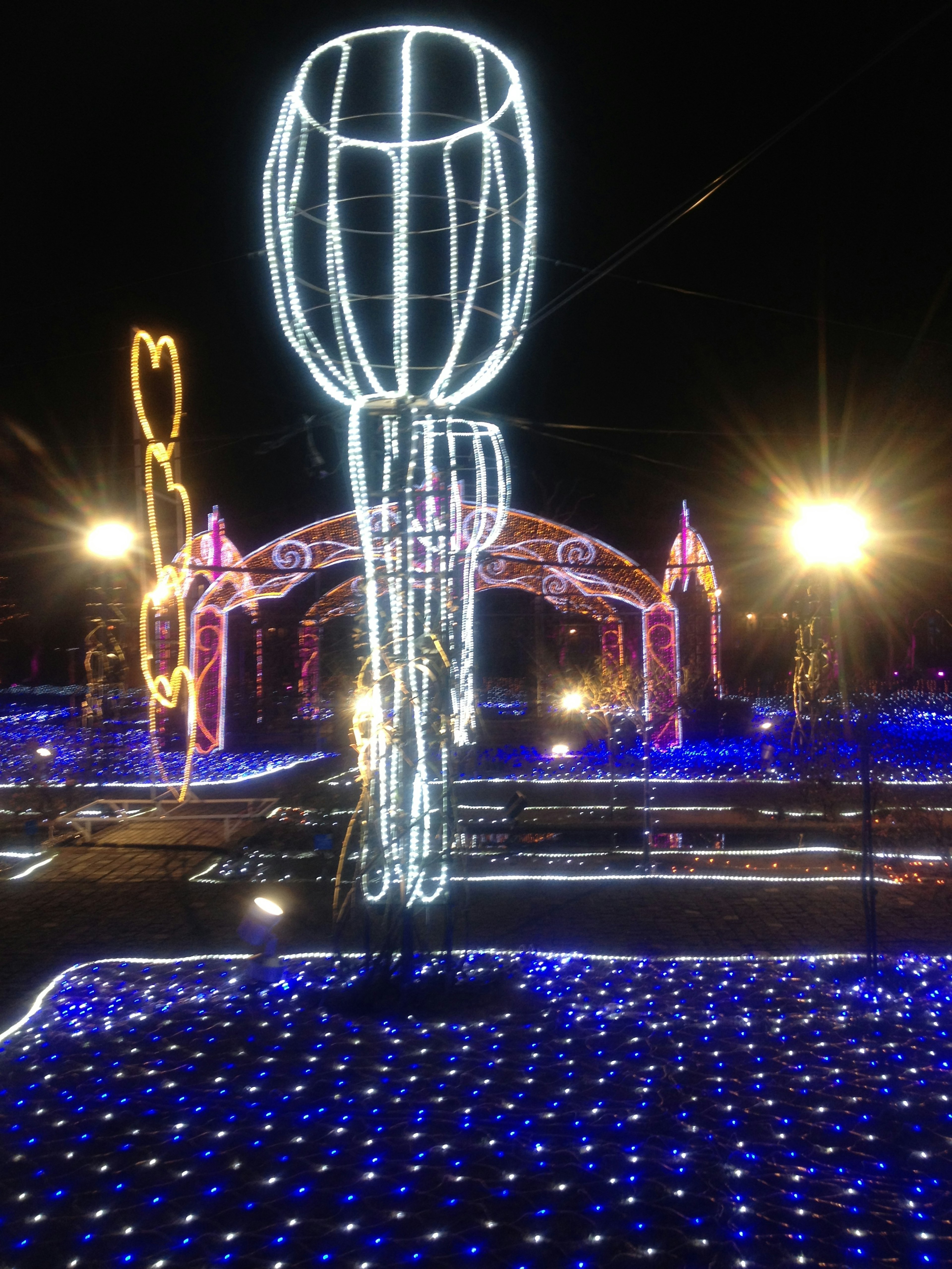 Scena notturna di un parco con decorazioni luminose colorate e luci LED blu