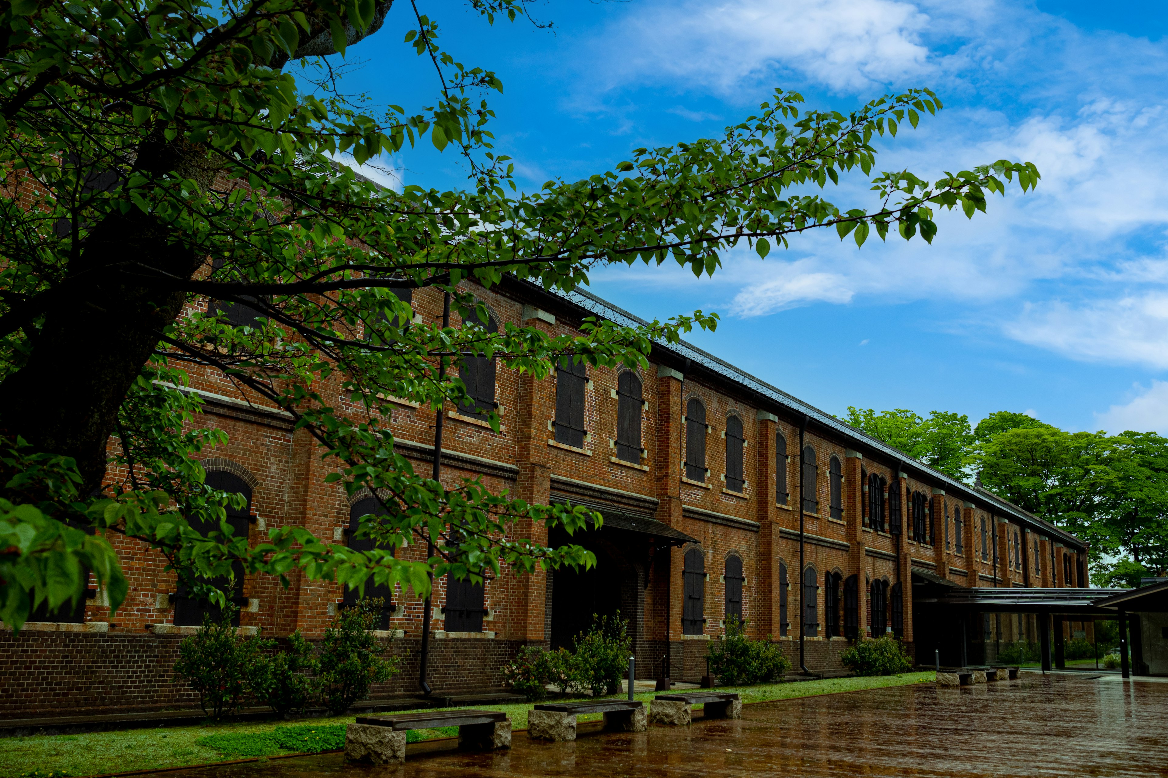 Brick building under blue sky surrounded by green trees and puddles