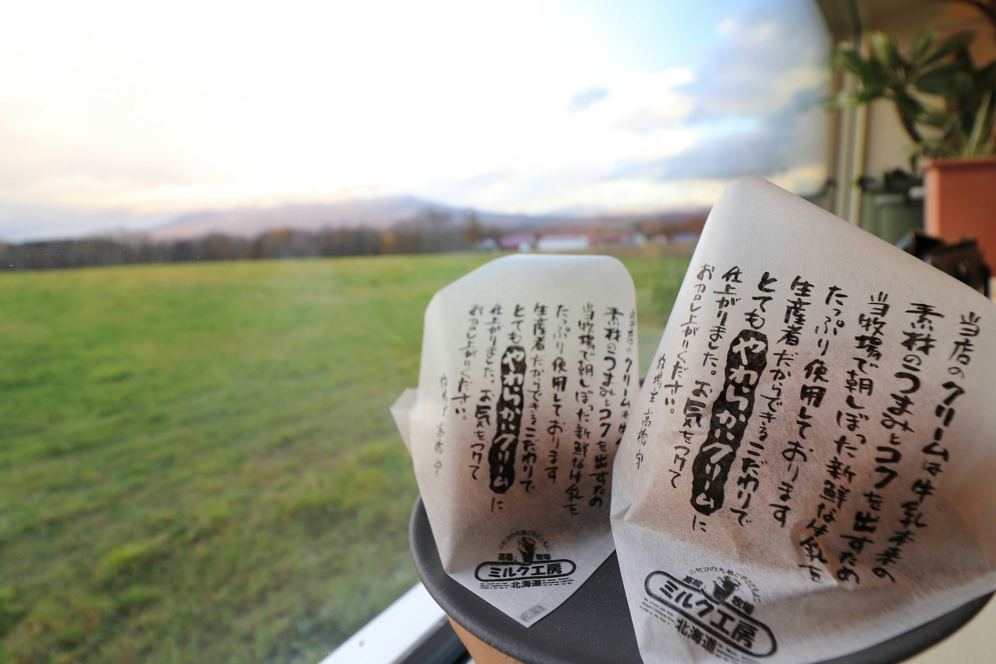 Dulces japoneses con etiquetas escritas a mano frente a un campo verde y montañas