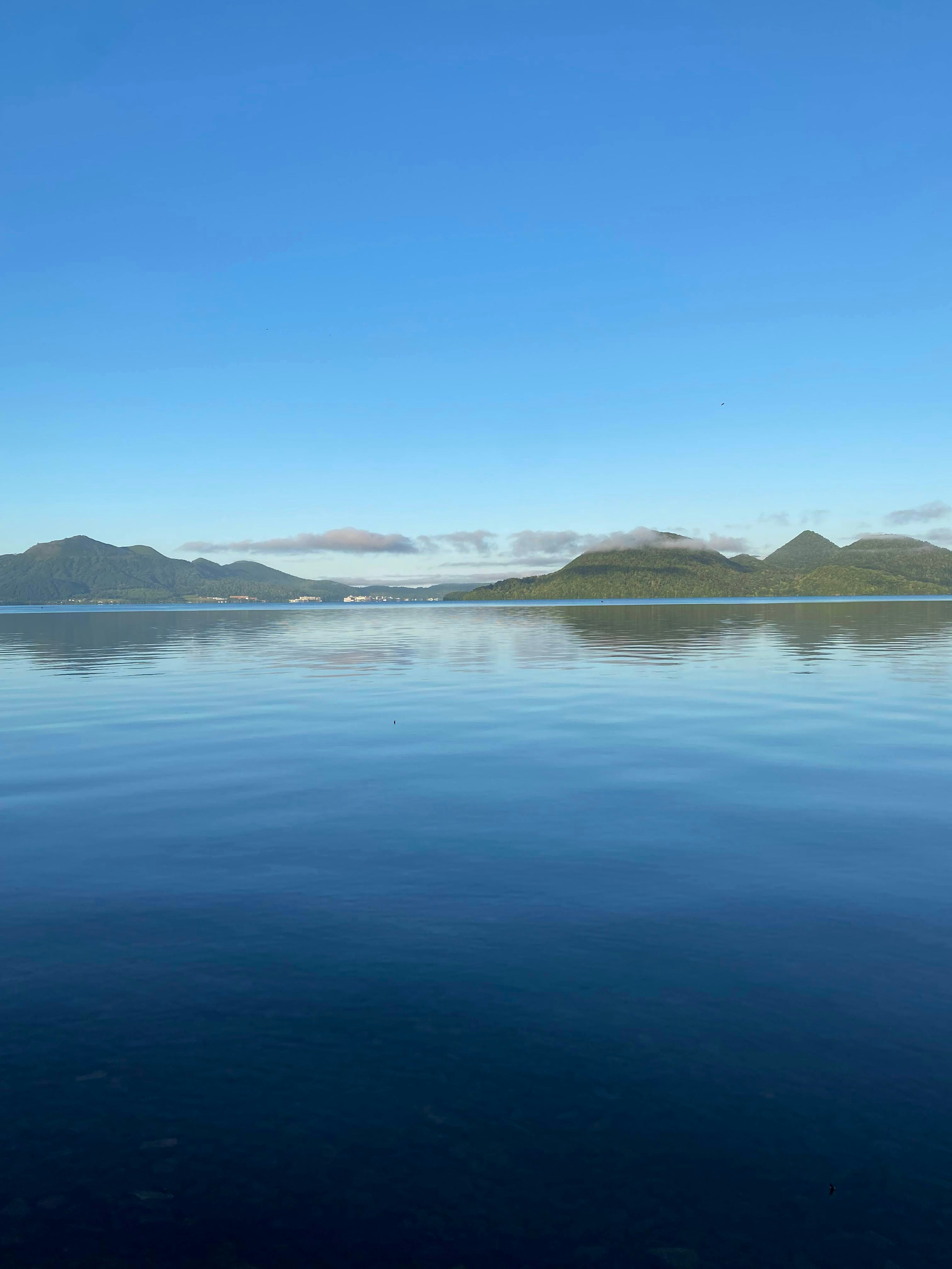 Serene lake surface with a clear blue sky green mountains in the background