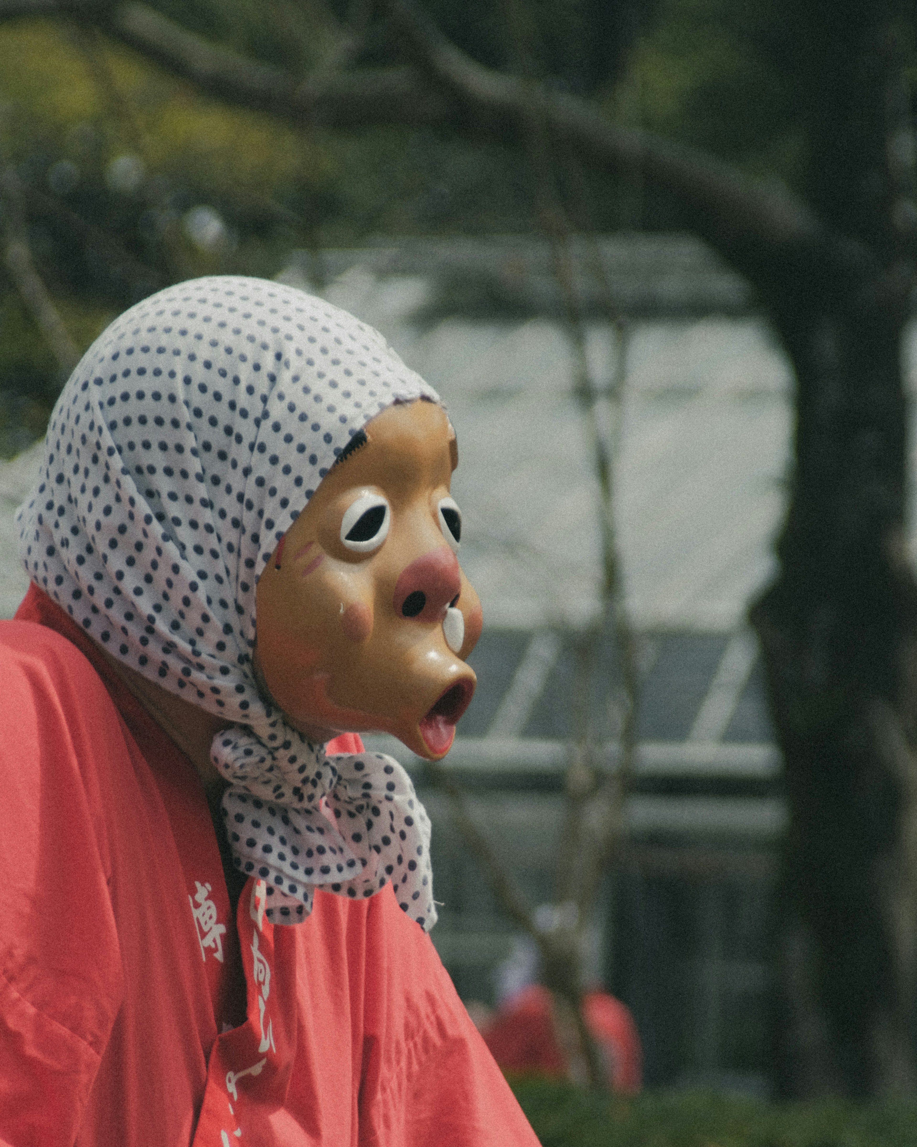 Una persona che indossa una maschera unica con un vestito rosso