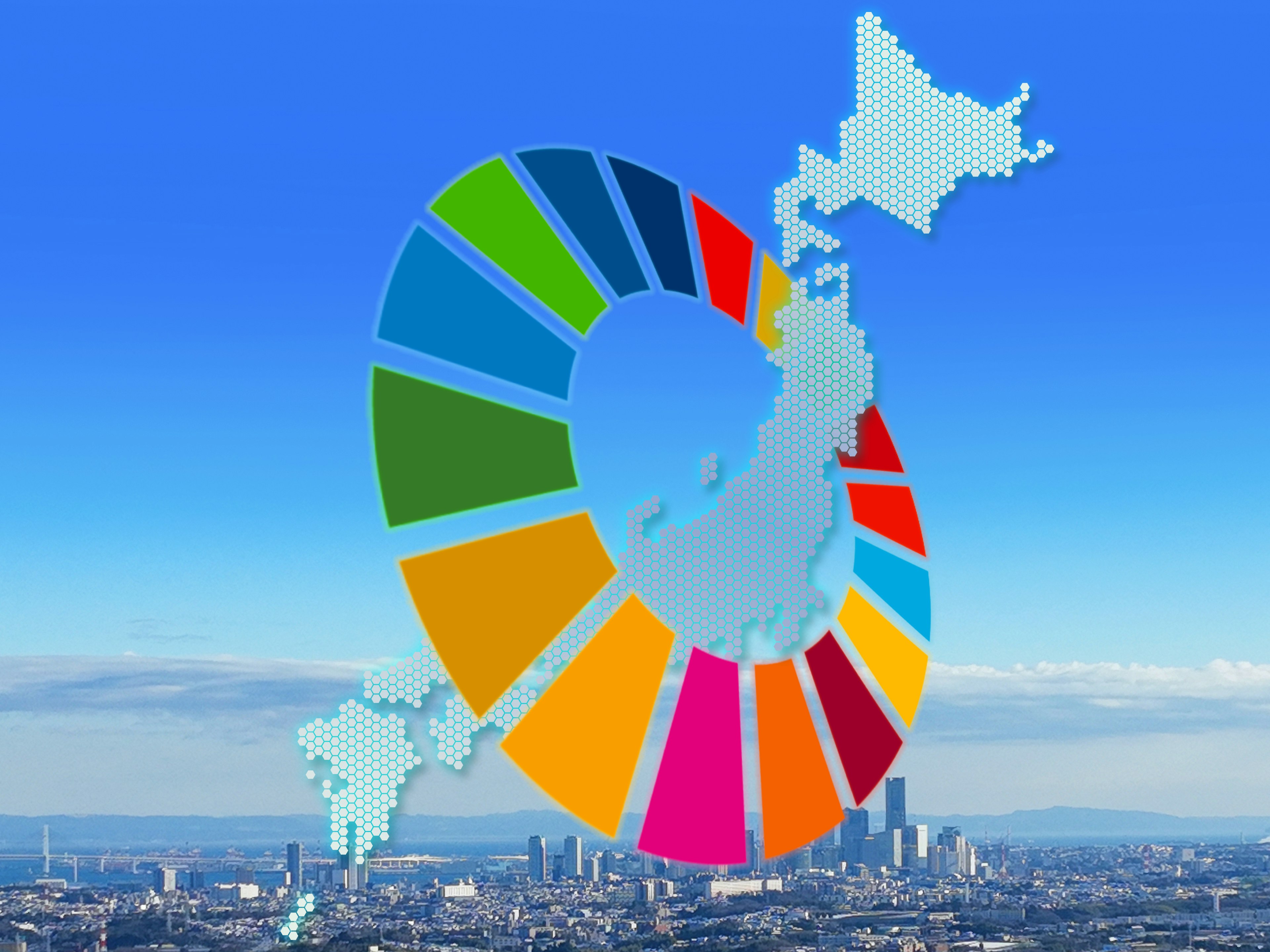 Colorful SDGs icons overlaid on a map of Japan