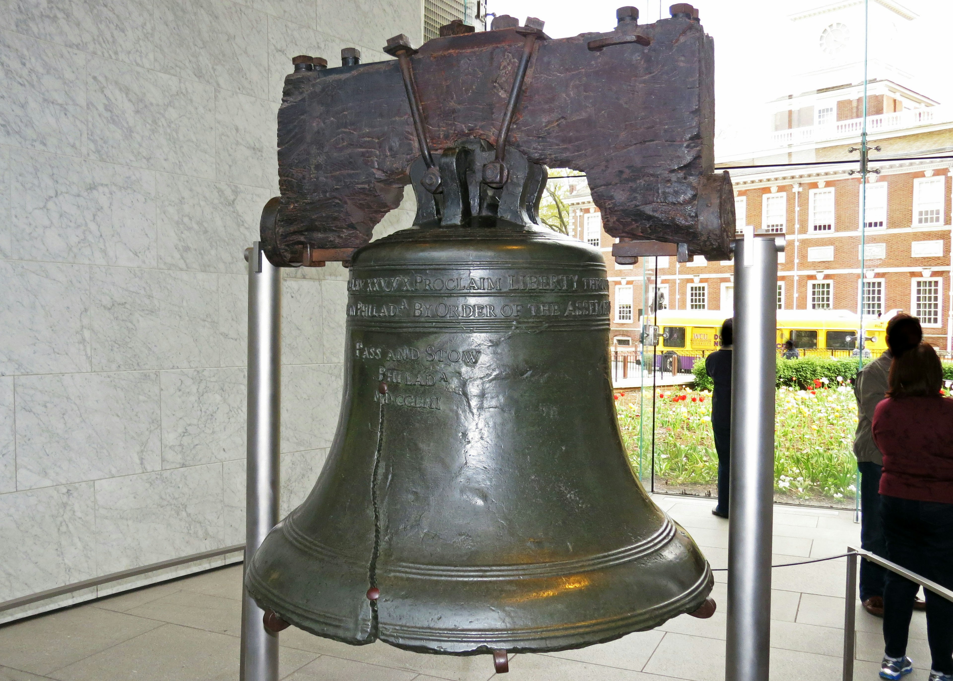 Image of the Liberty Bell near Independence Hall showcasing its distinctive crack and historical significance