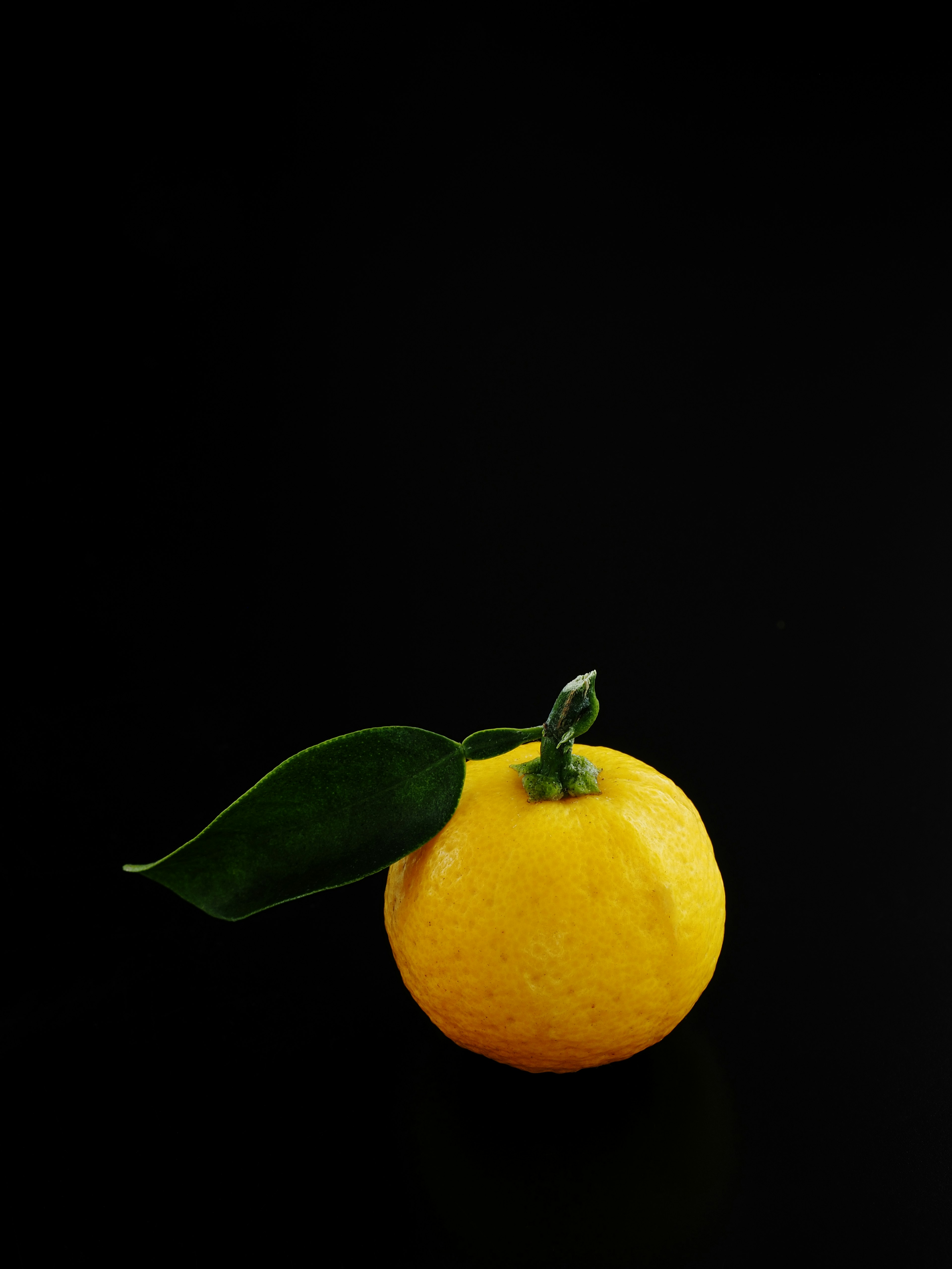 Lebendige gelbe Mandarine mit grünem Blatt auf schwarzem Hintergrund