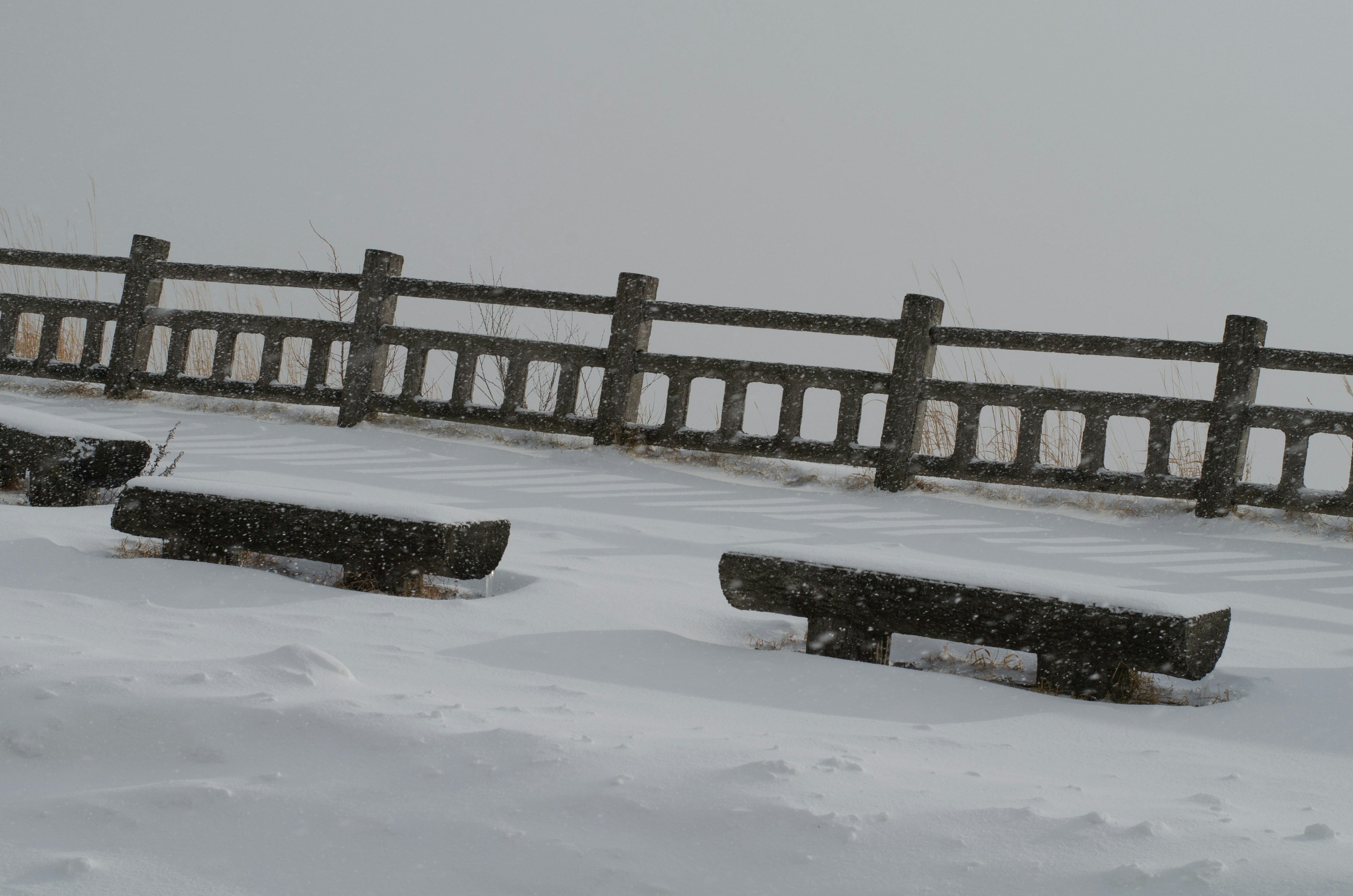 Paysage de bancs et de clôture recouverts de neige