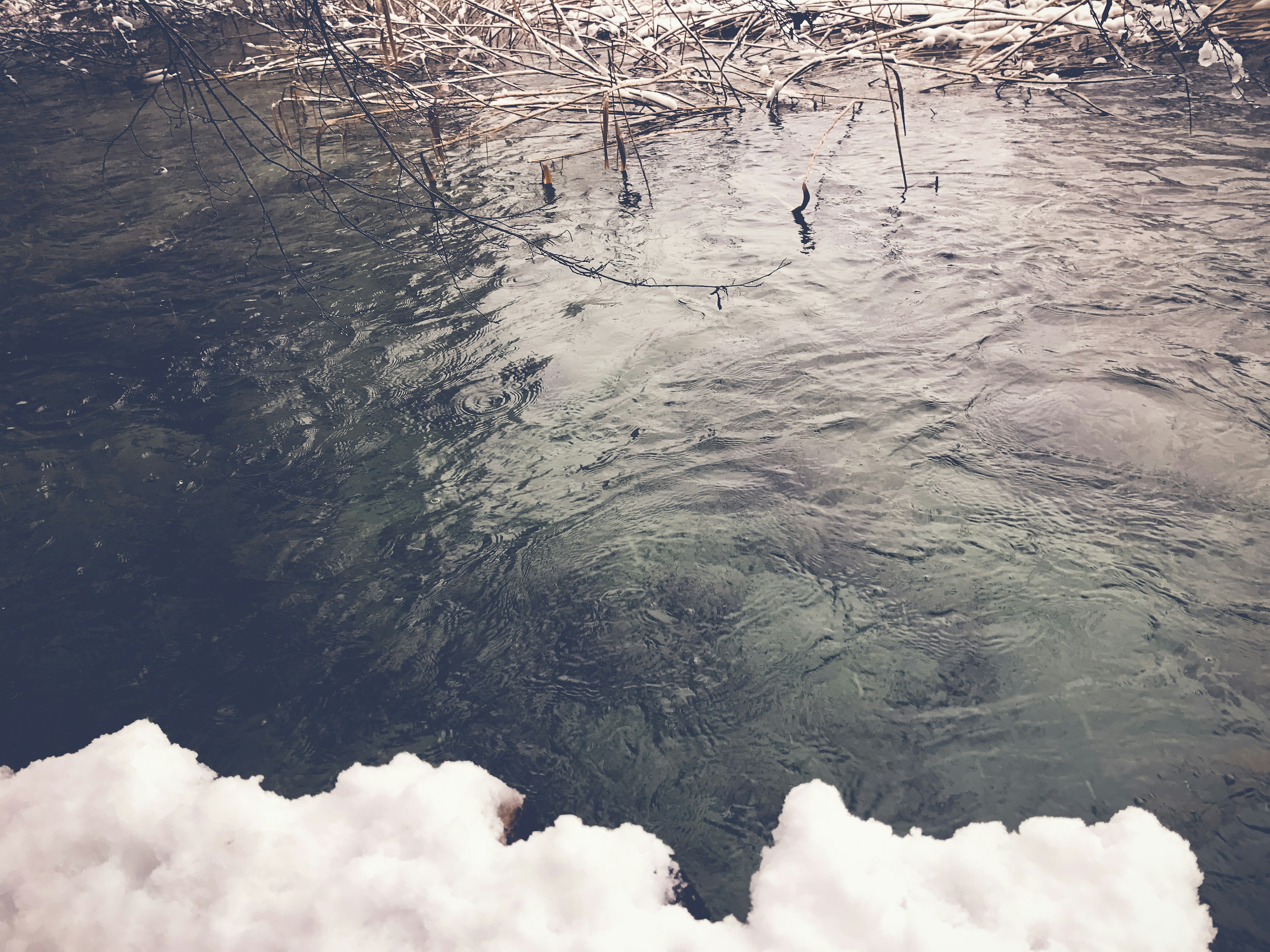 透明な水面と雪のある自然の風景