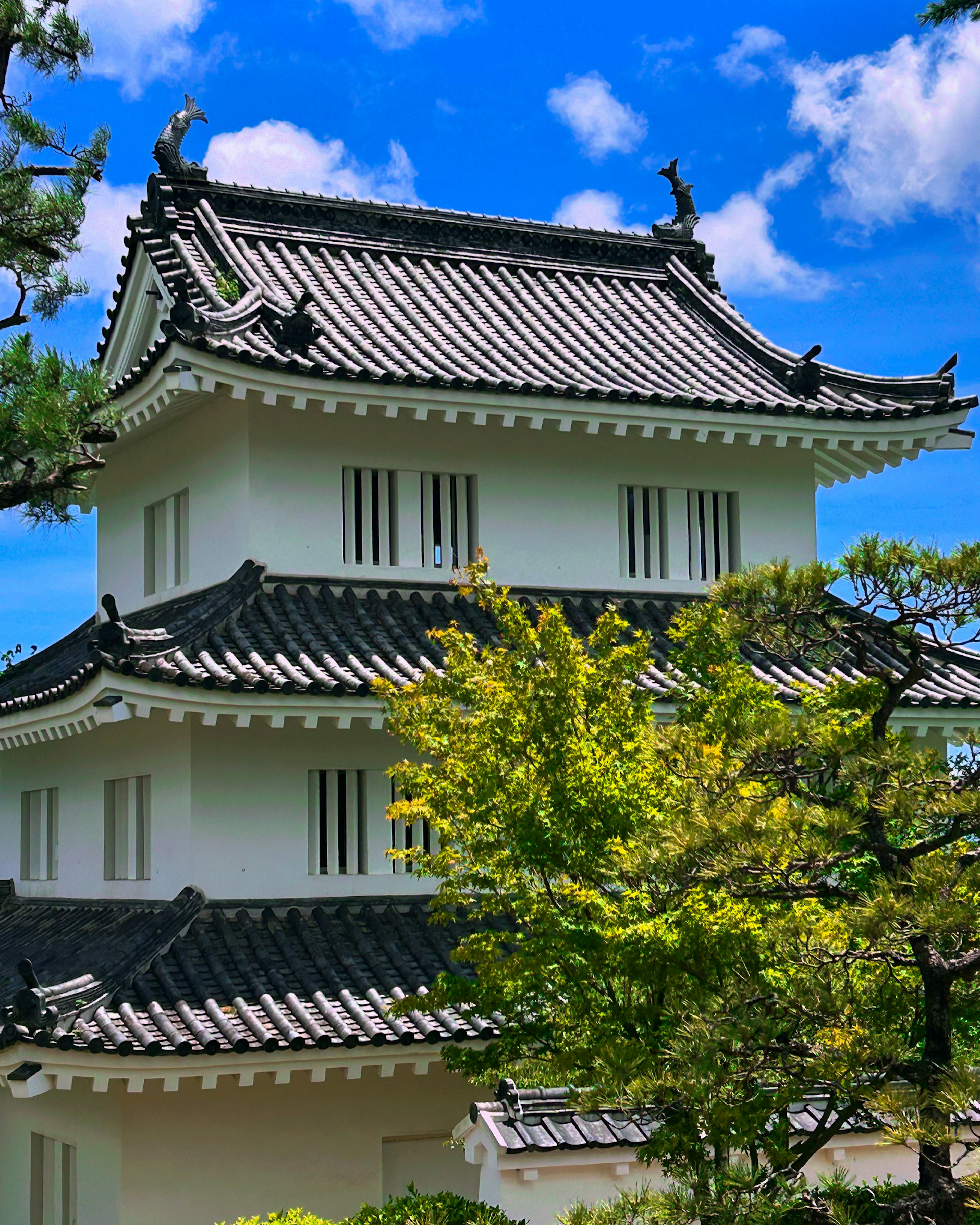 Traditionelles japanisches Schlossgebäude umgeben von grünen Bäumen und blauem Himmel