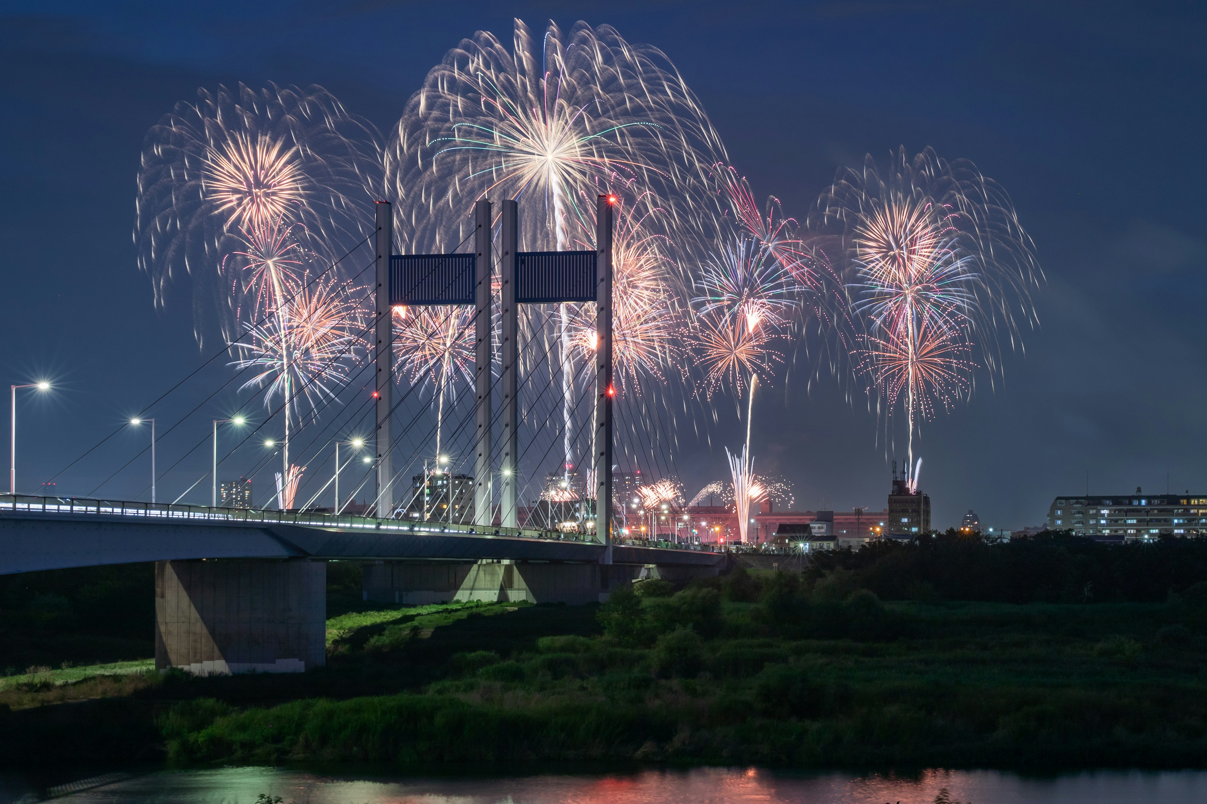 夜空に打ち上げられた花火が橋の背後で輝いている