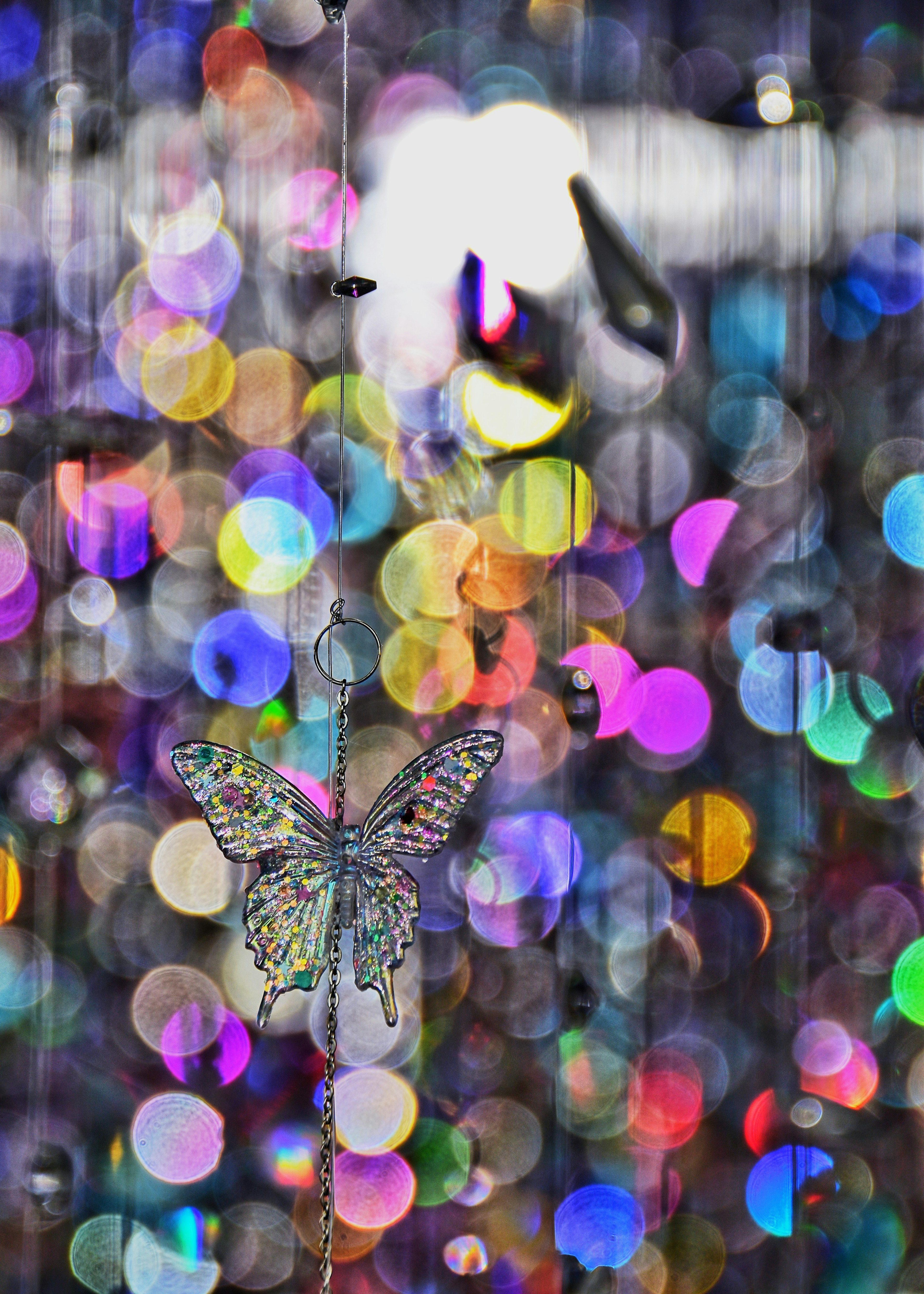 Decorative butterfly surrounded by colorful bokeh lights