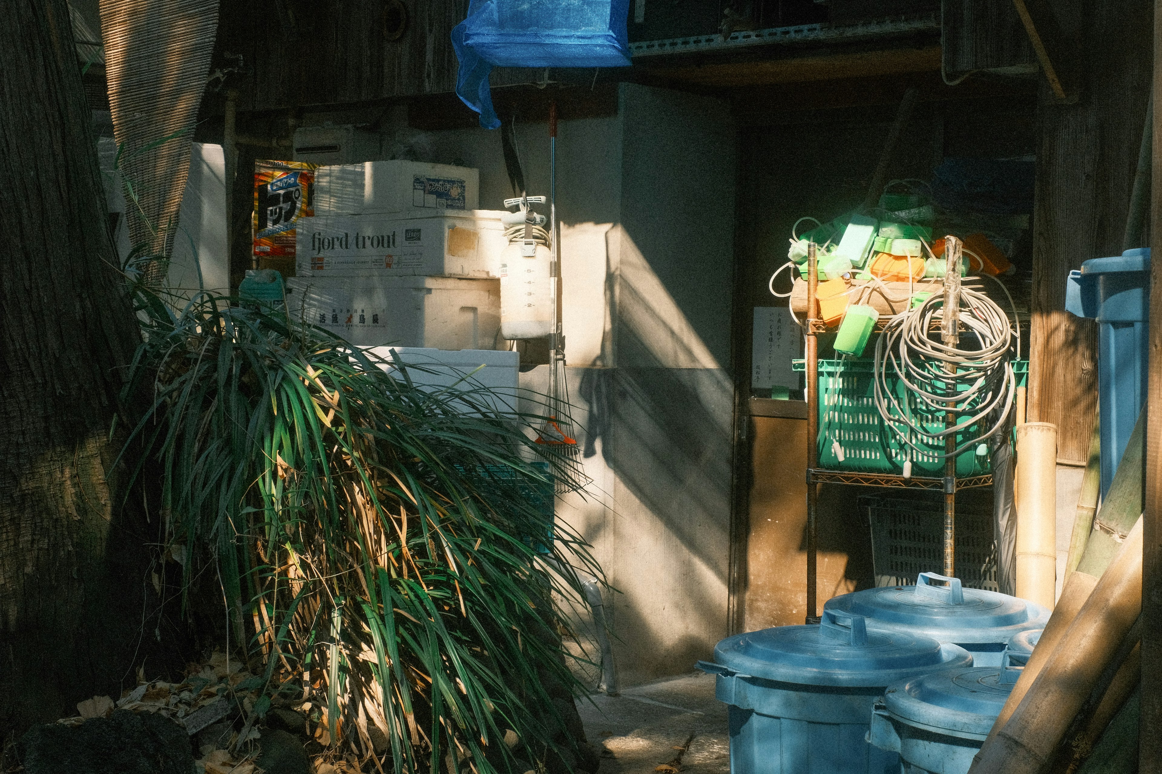 Narrow passage with stacked cardboard boxes and green hoses