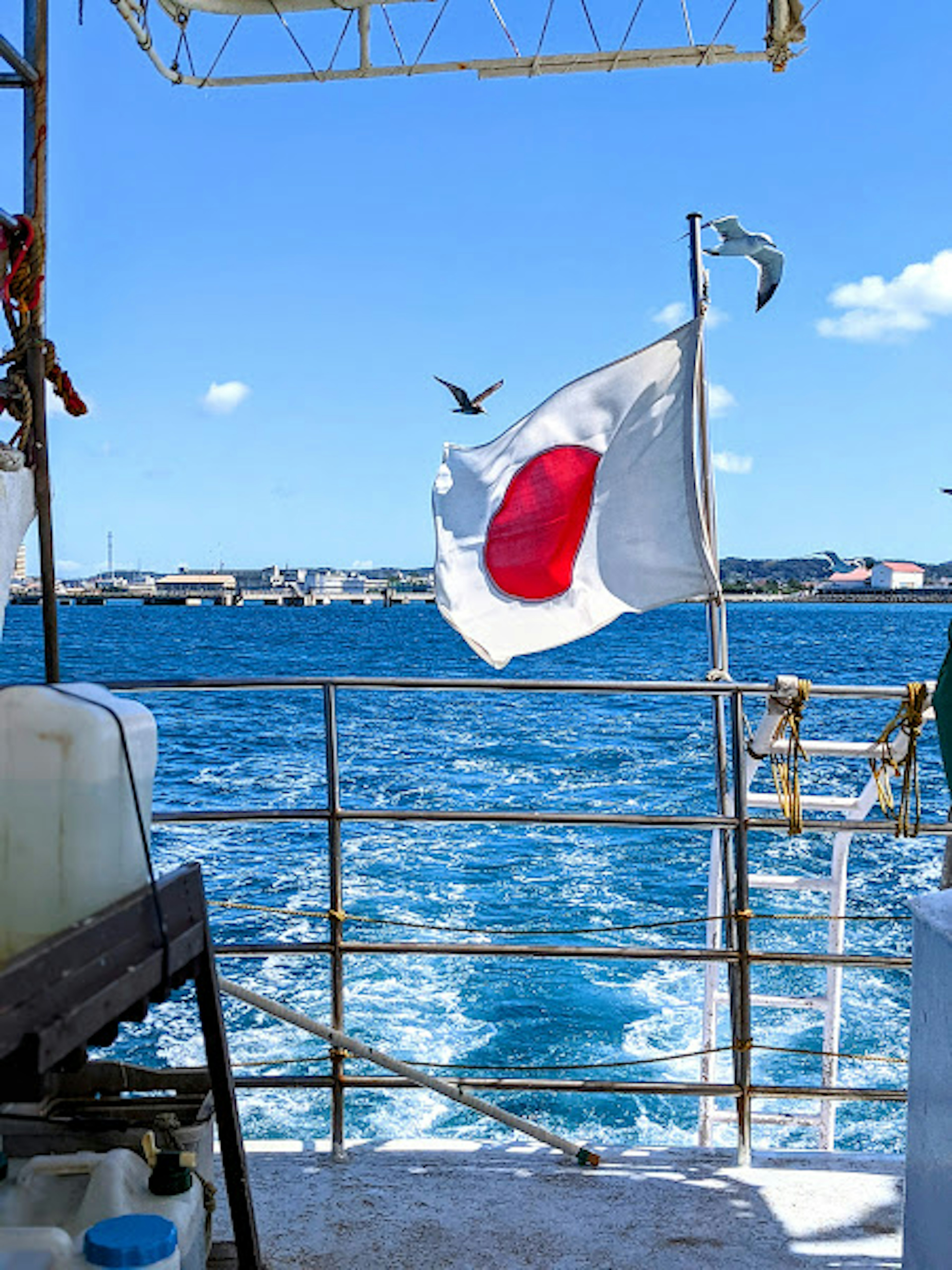 青い海と日本の国旗が見える船のデッキ