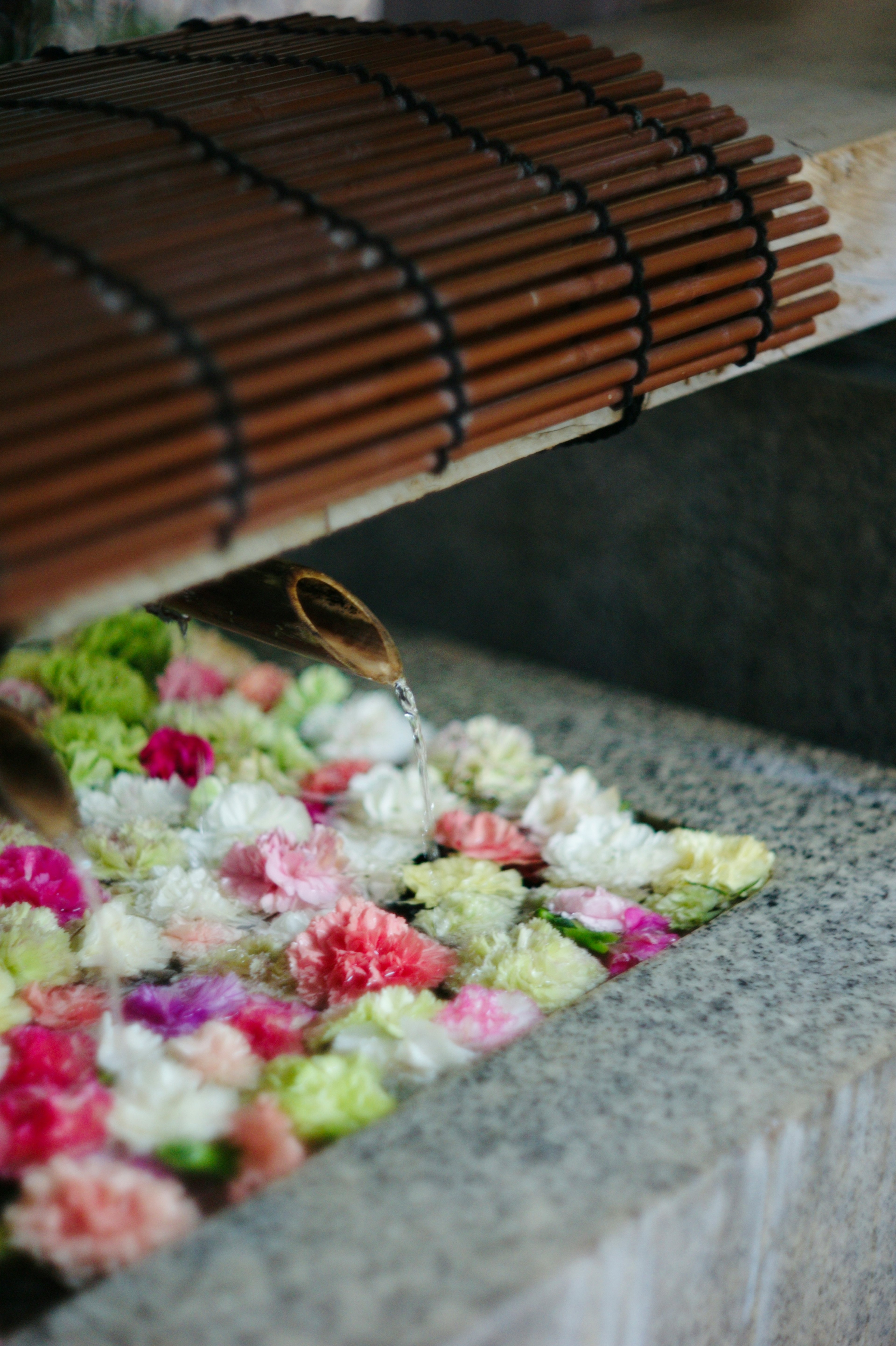 Una tapa de bambú descansando sobre un tazón de piedra lleno de pétalos de flores coloridas