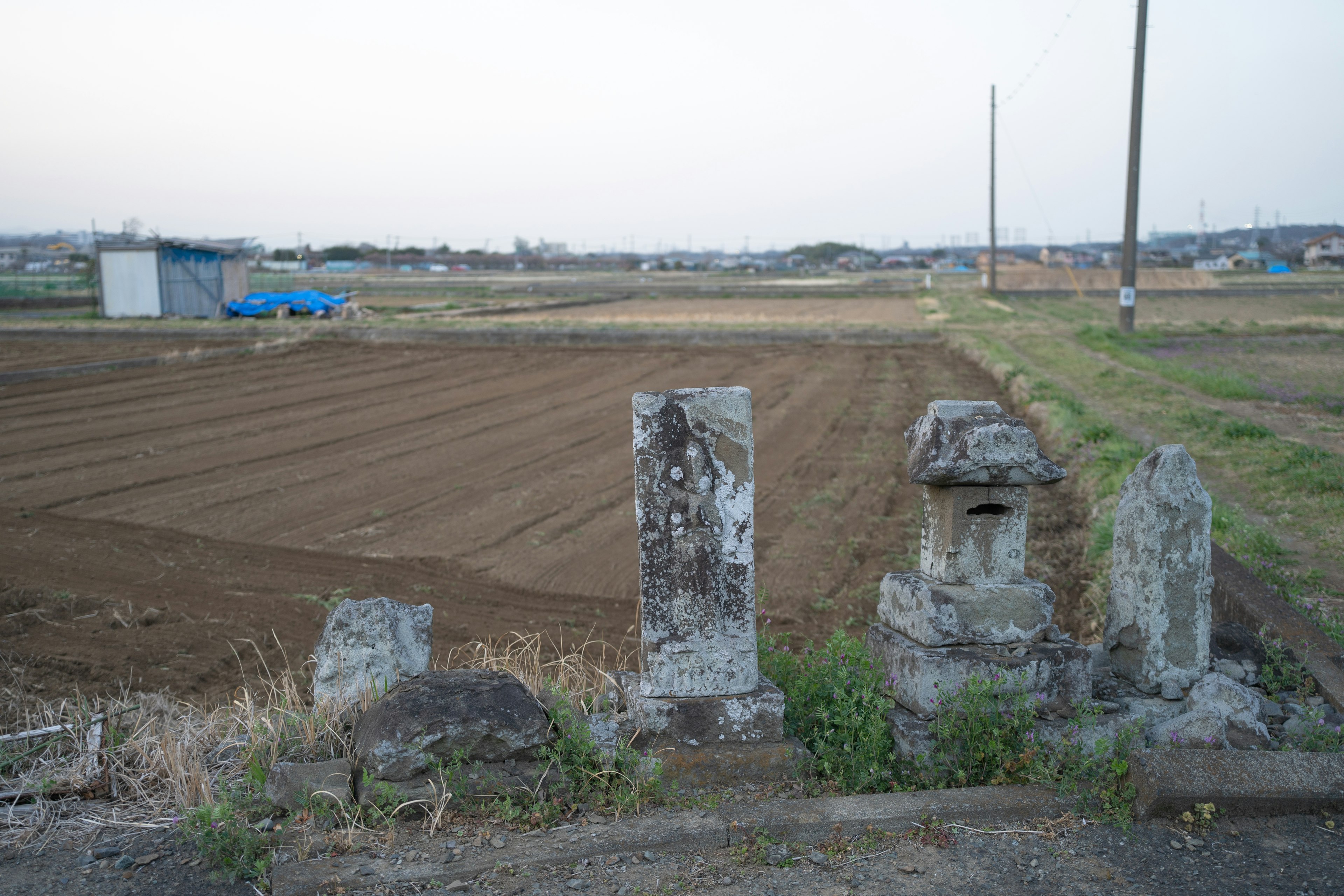 田んぼの横にある古い石の塔と農地の風景