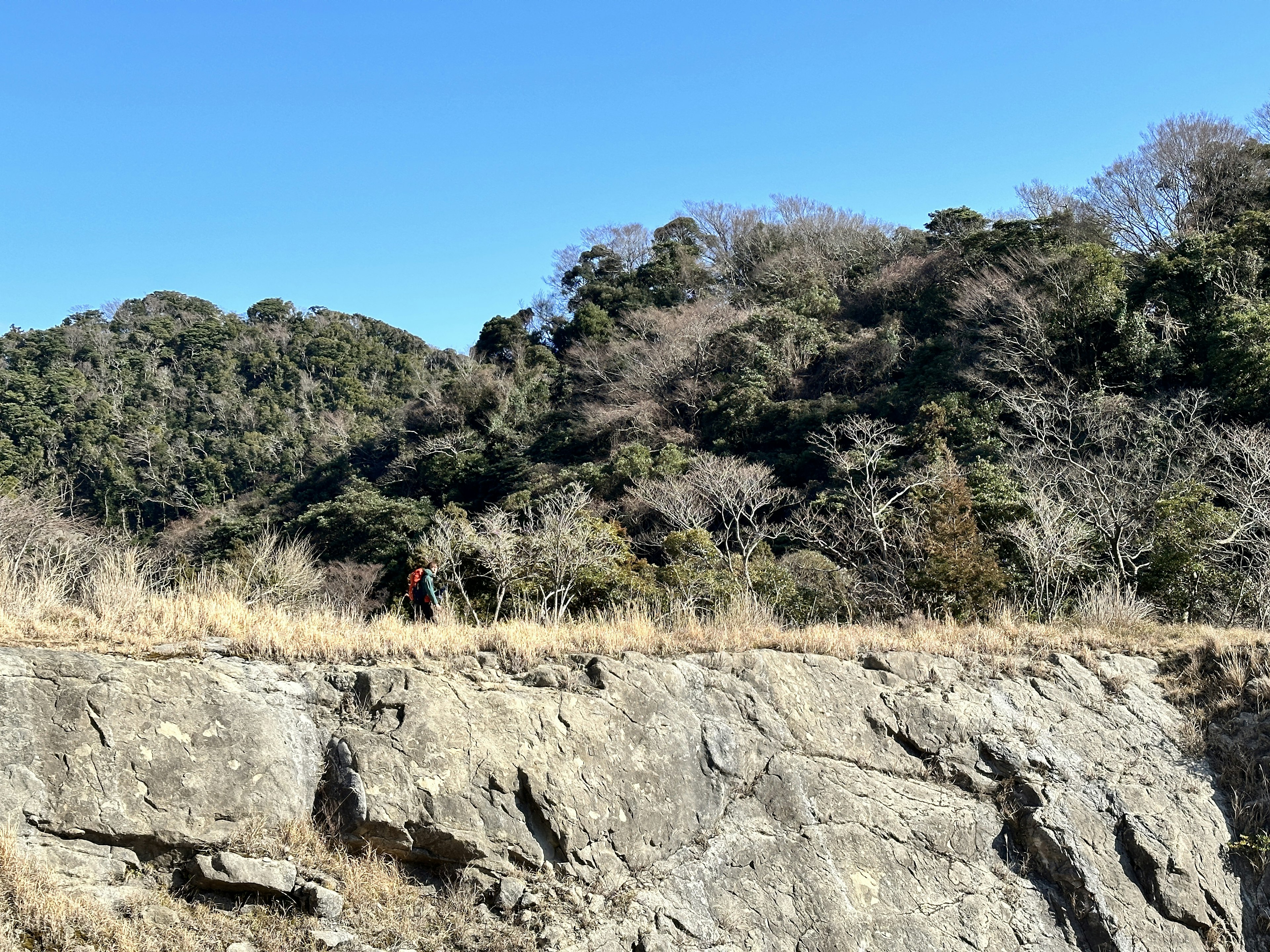 青空の下で岩の崖の上を歩く人と周囲の木々