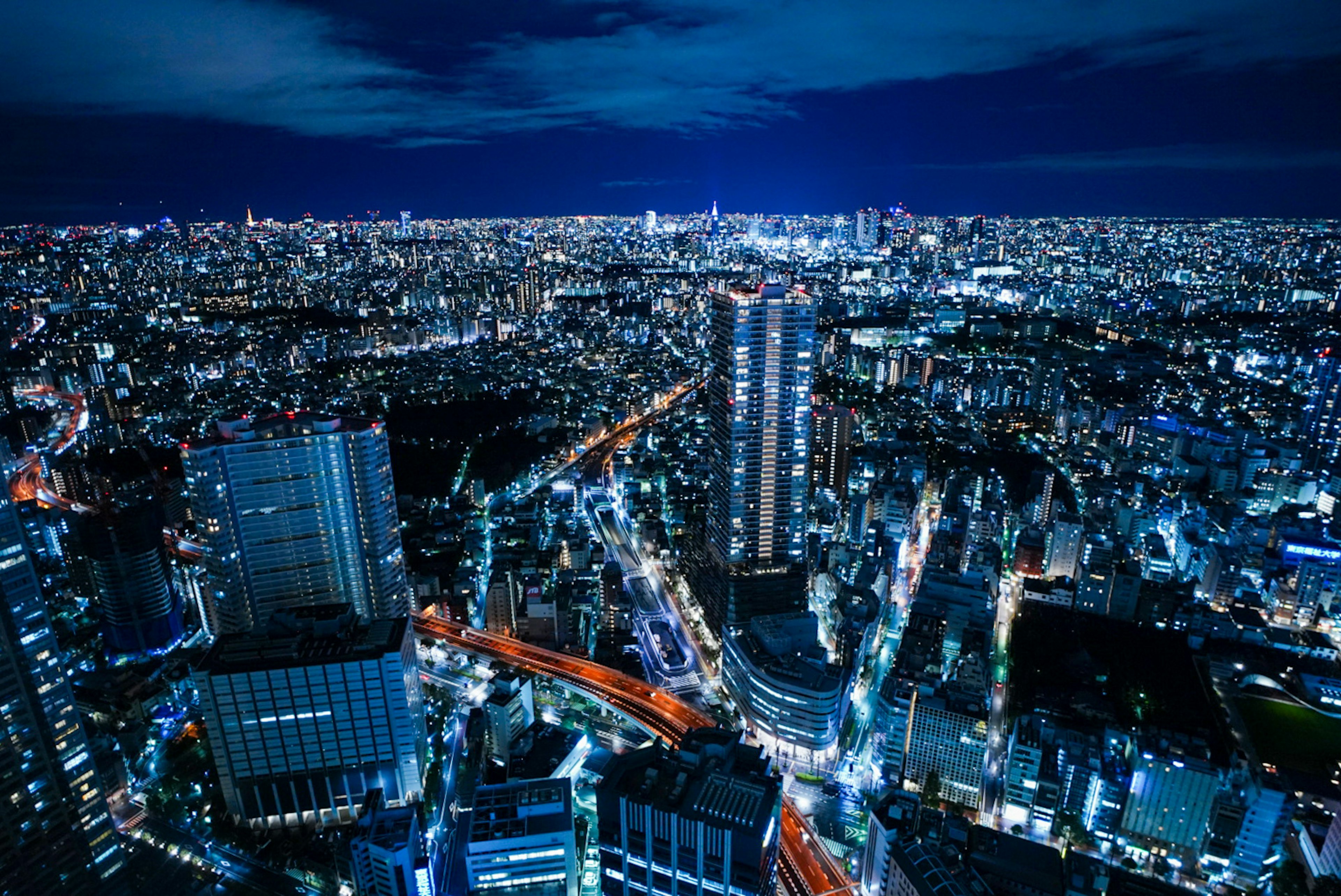 Panorama notturno di Tokyo con grattacieli illuminati e luci della città vibranti