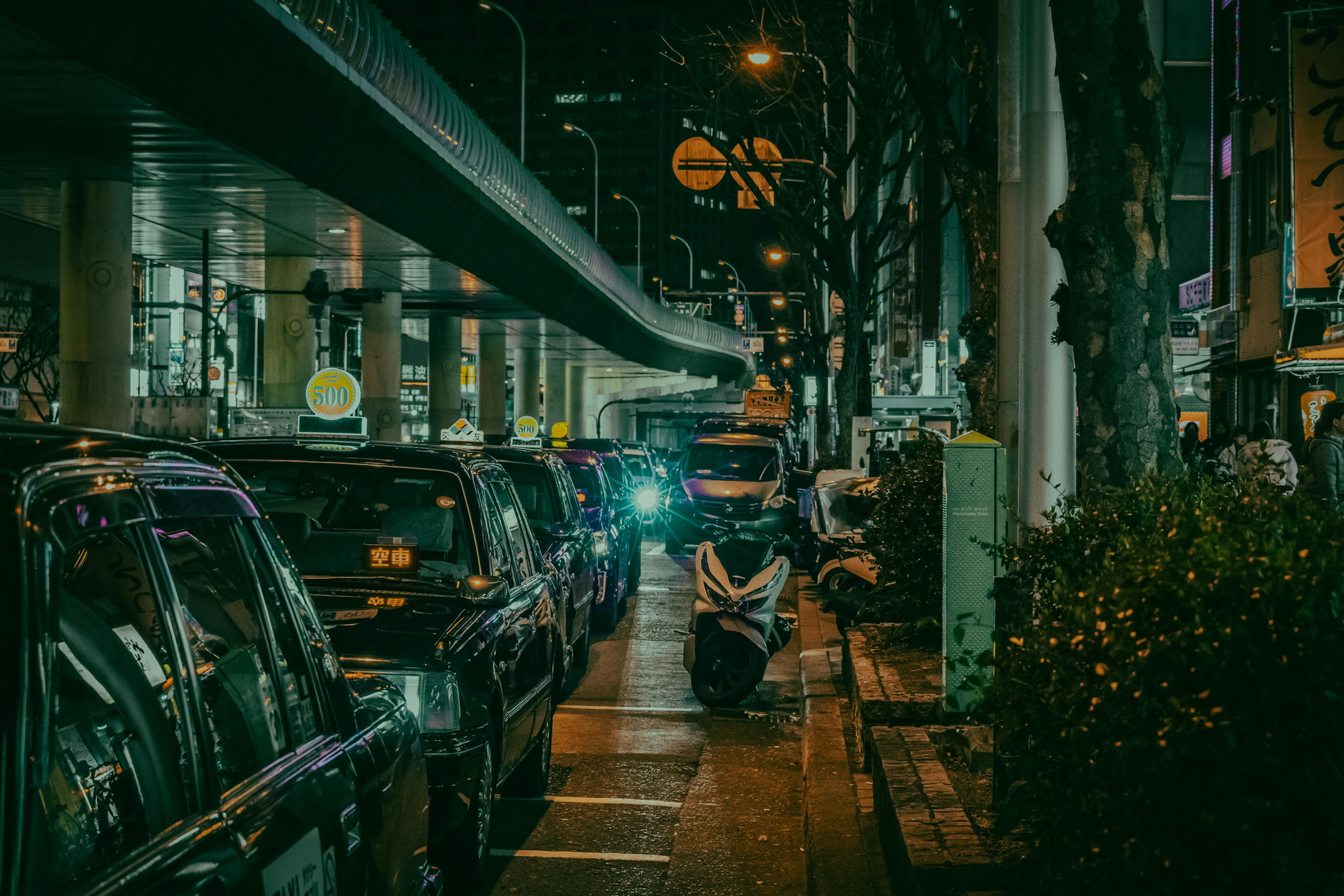 Taxis lined up on a city street at night with a motorcycle