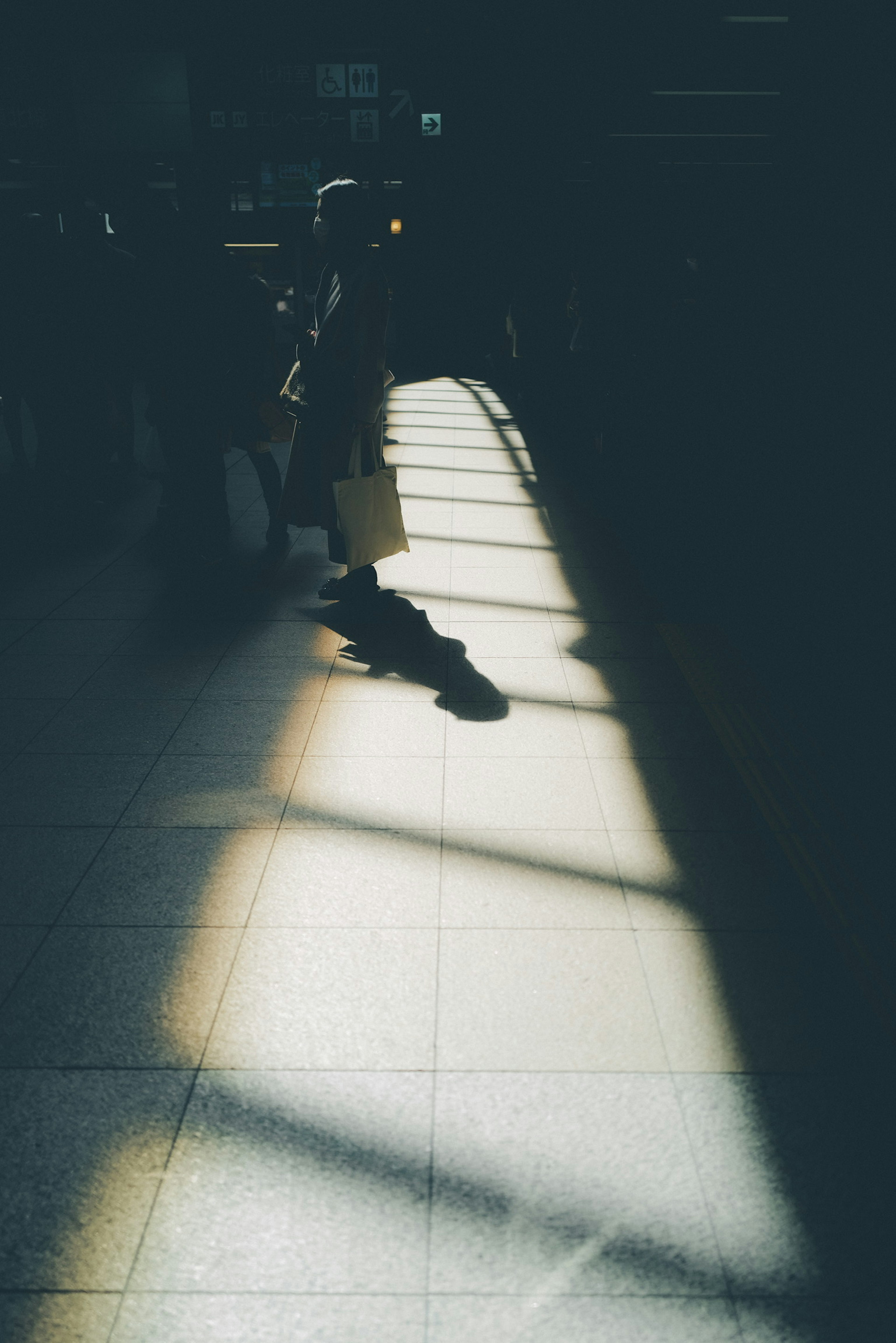 Ein Bahnhofsboden, der von Schatten beleuchtet wird und schöne Muster bildet