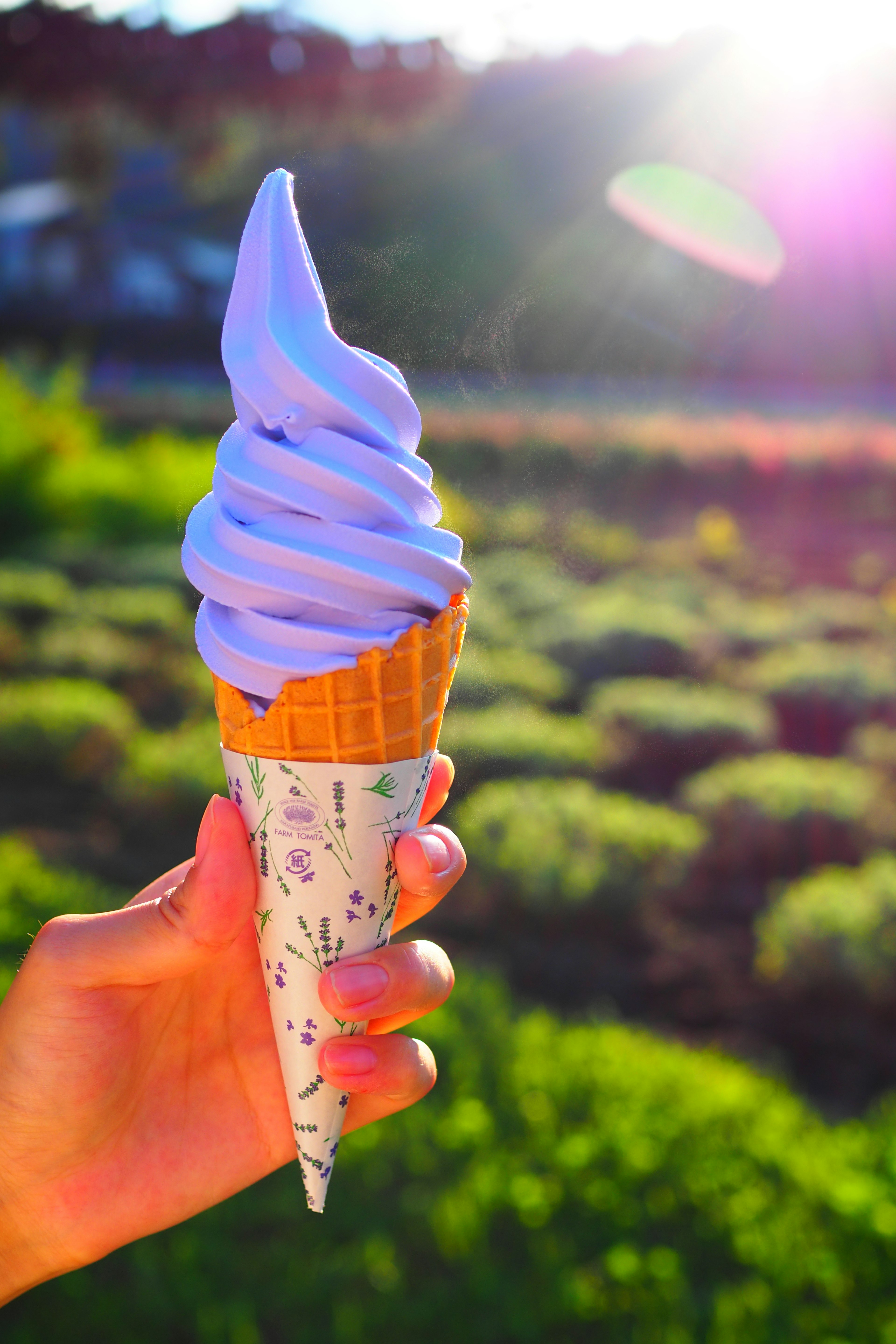 Tangan memegang cone es krim lembut lavender dengan latar belakang hijau yang cerah