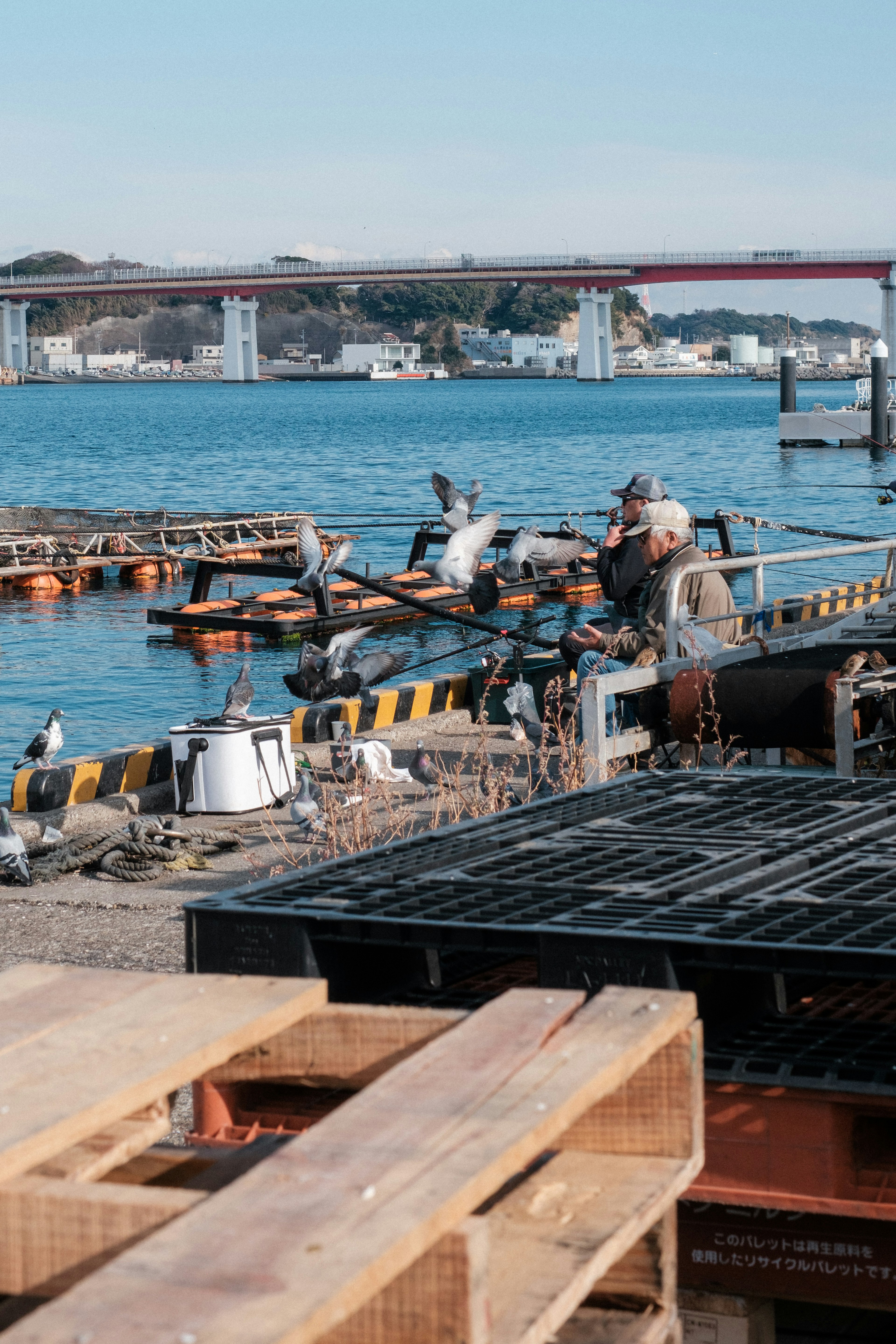 Scene with workers and construction equipment by the waterfront