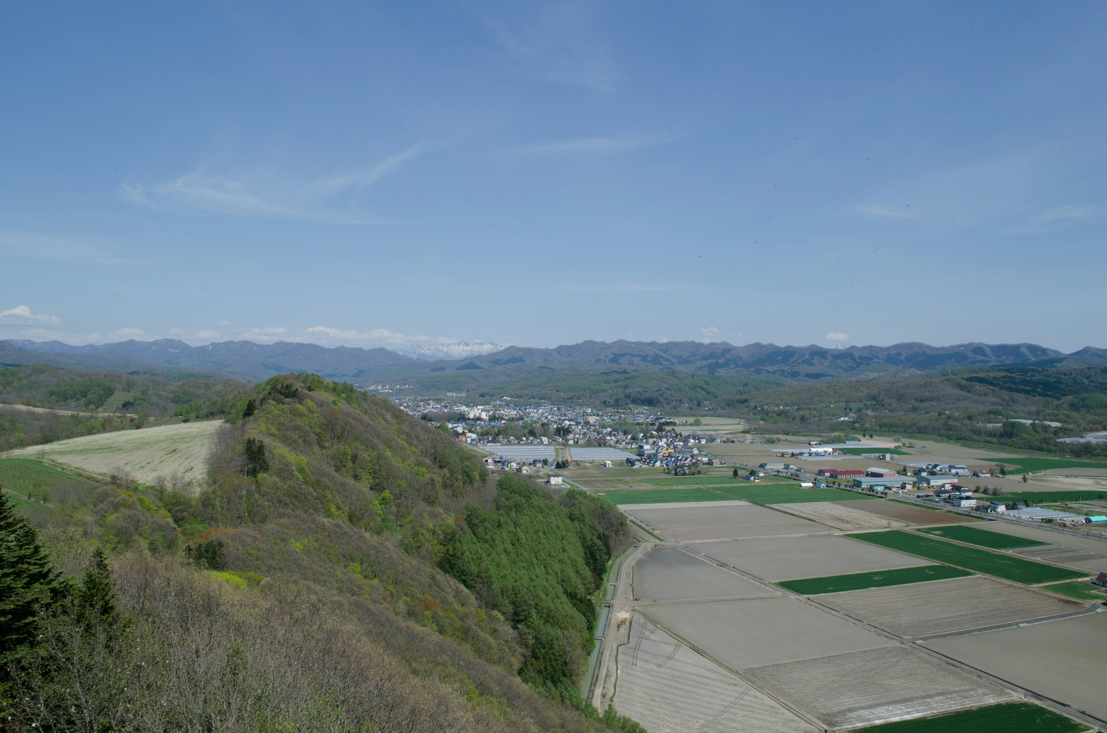 Scenic view of agricultural fields and mountains under a blue sky