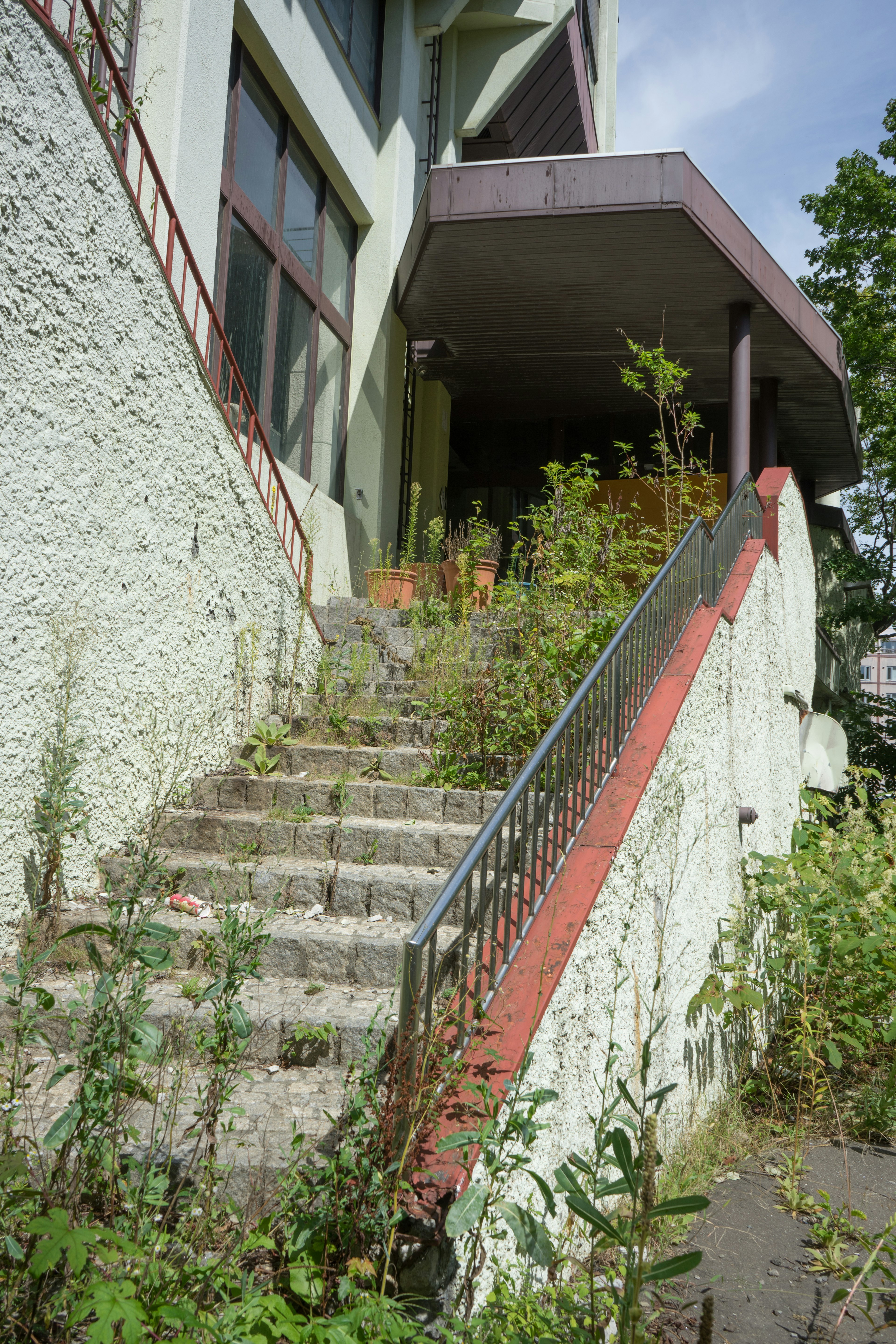 Extérieur d'une vieille maison avec des escaliers envahis par les mauvaises herbes