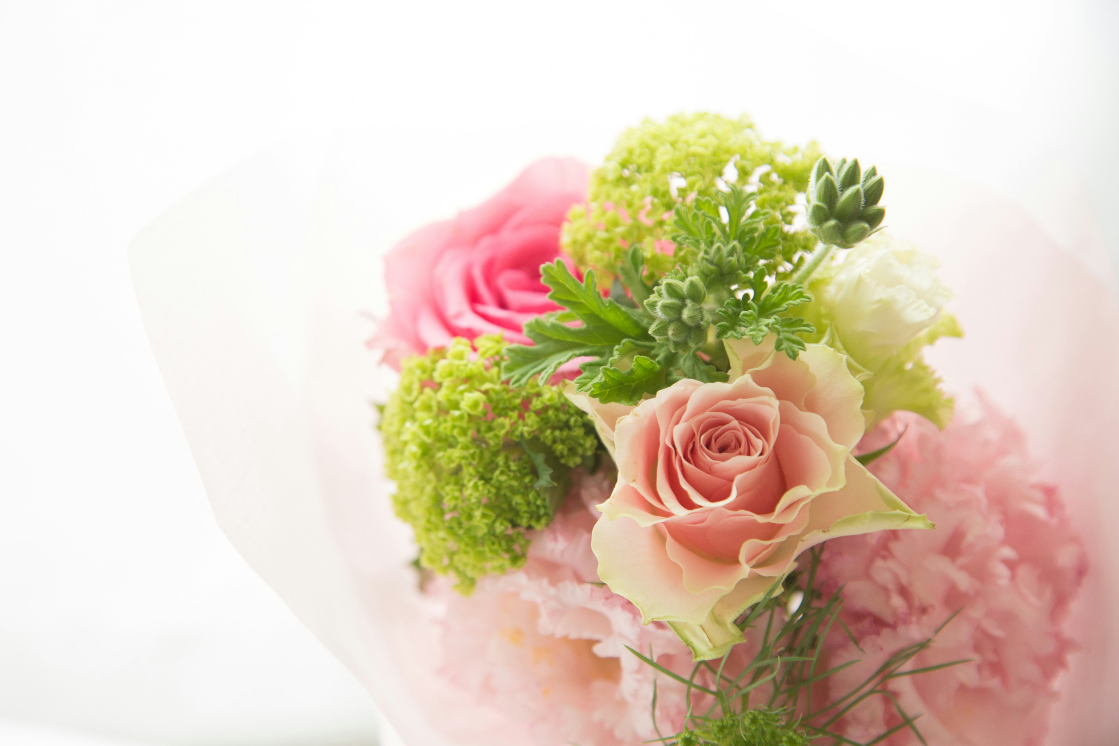 A bouquet featuring pink roses and green flowers