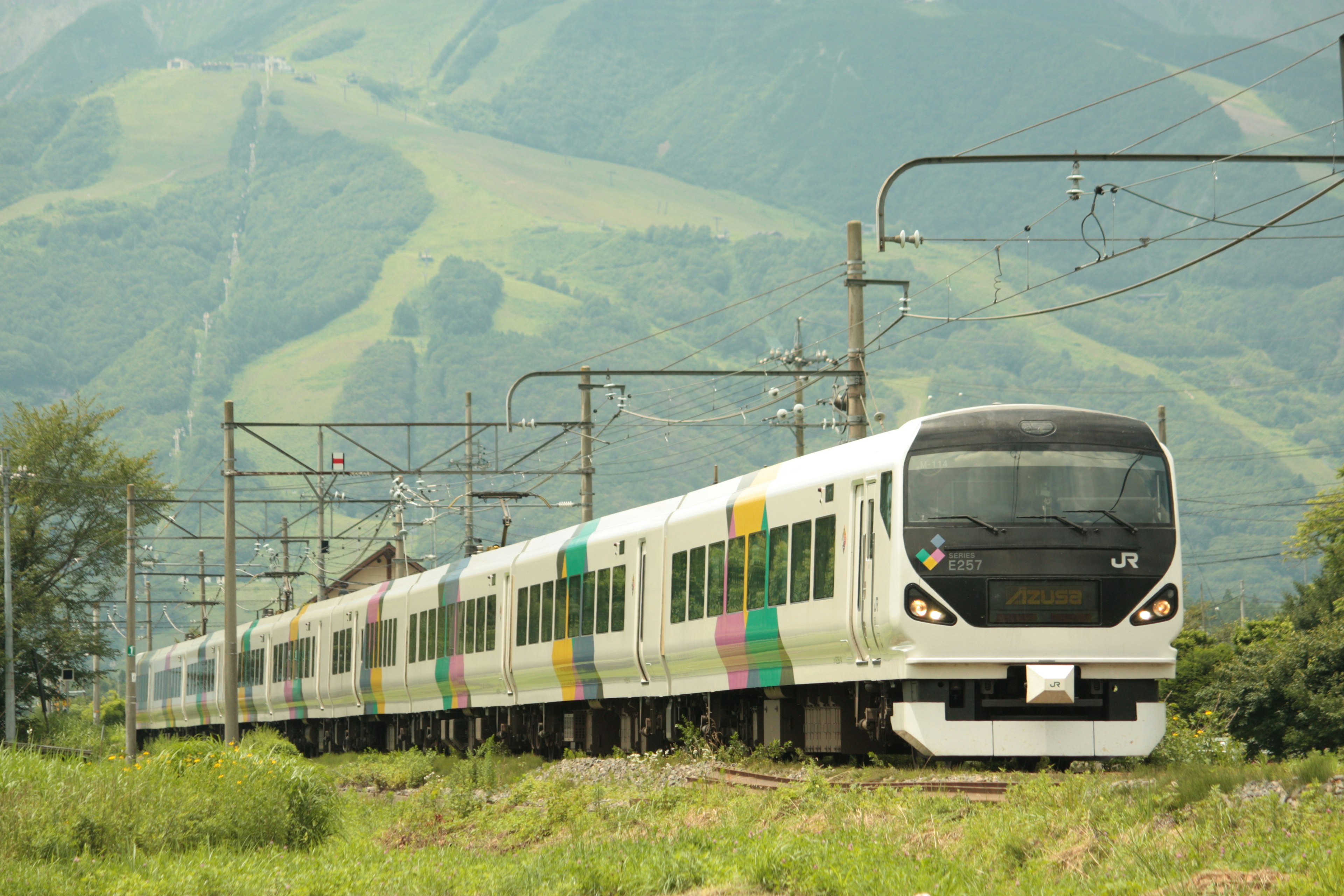 美しい風景の中を走るカラフルな列車