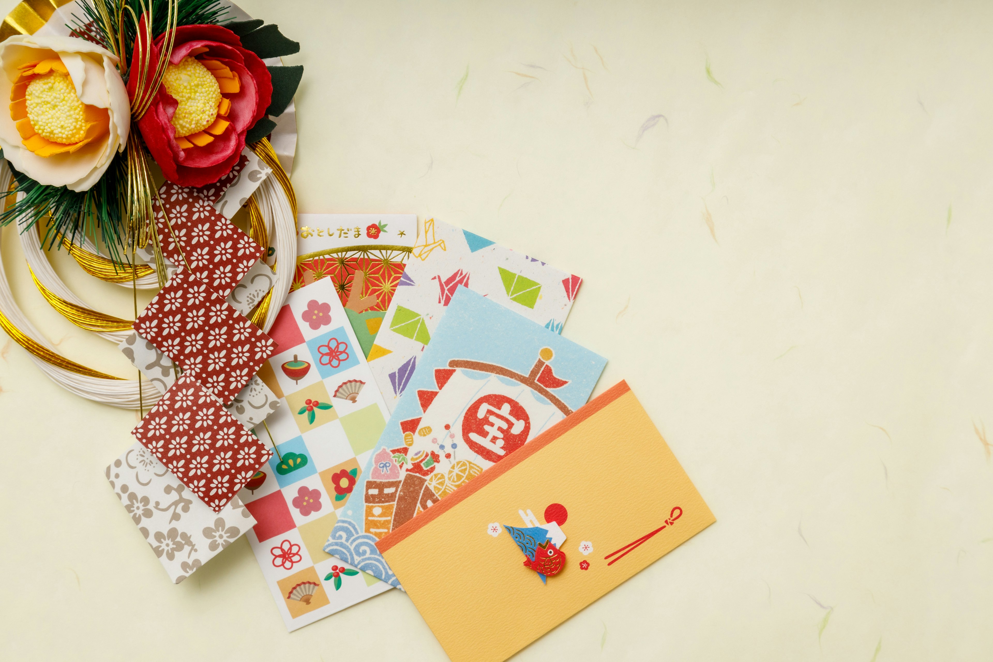 Colorful stickers and cards arranged with a floral decoration