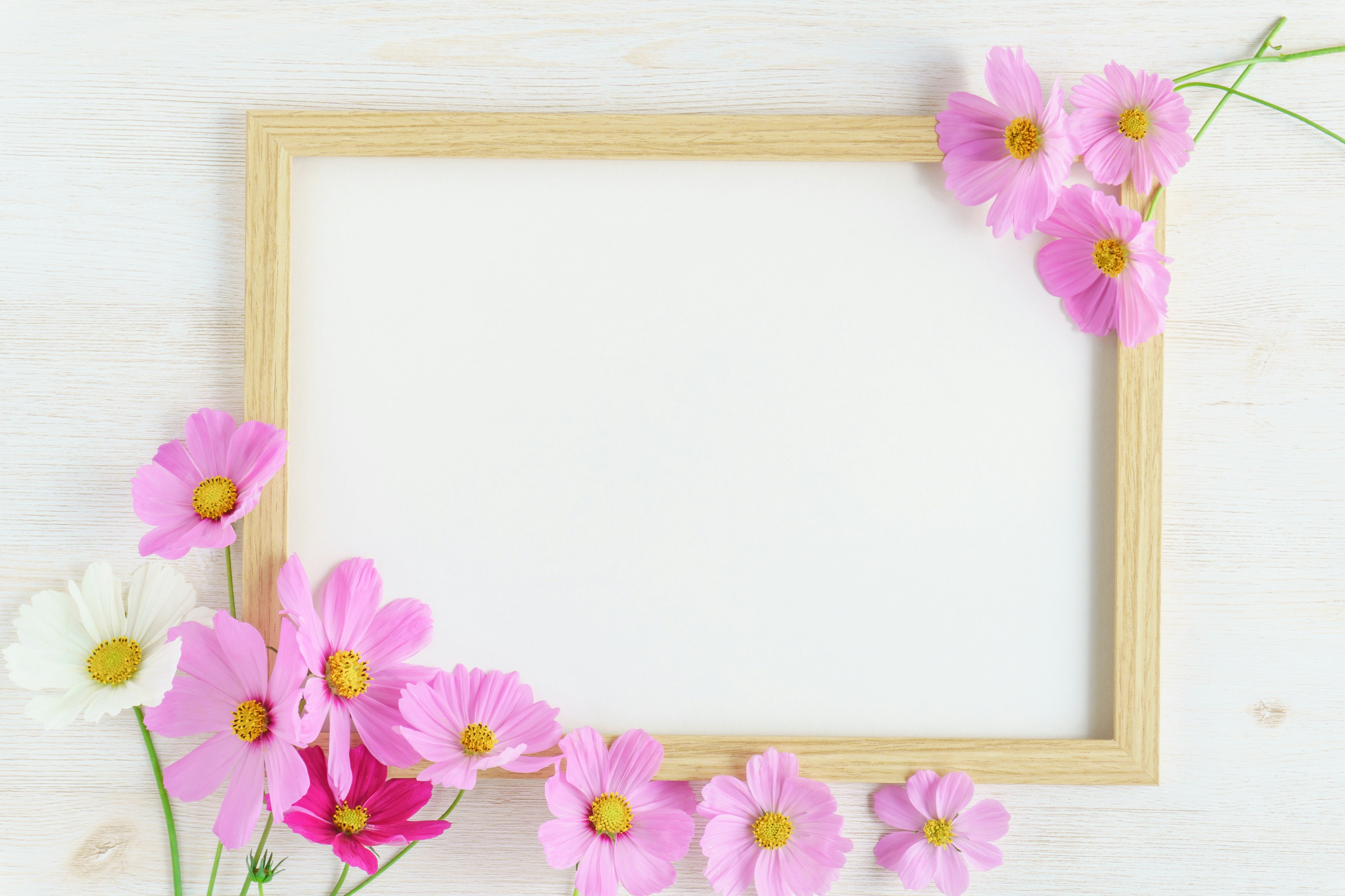 Cadre en bois avec toile blanche entourée de fleurs roses