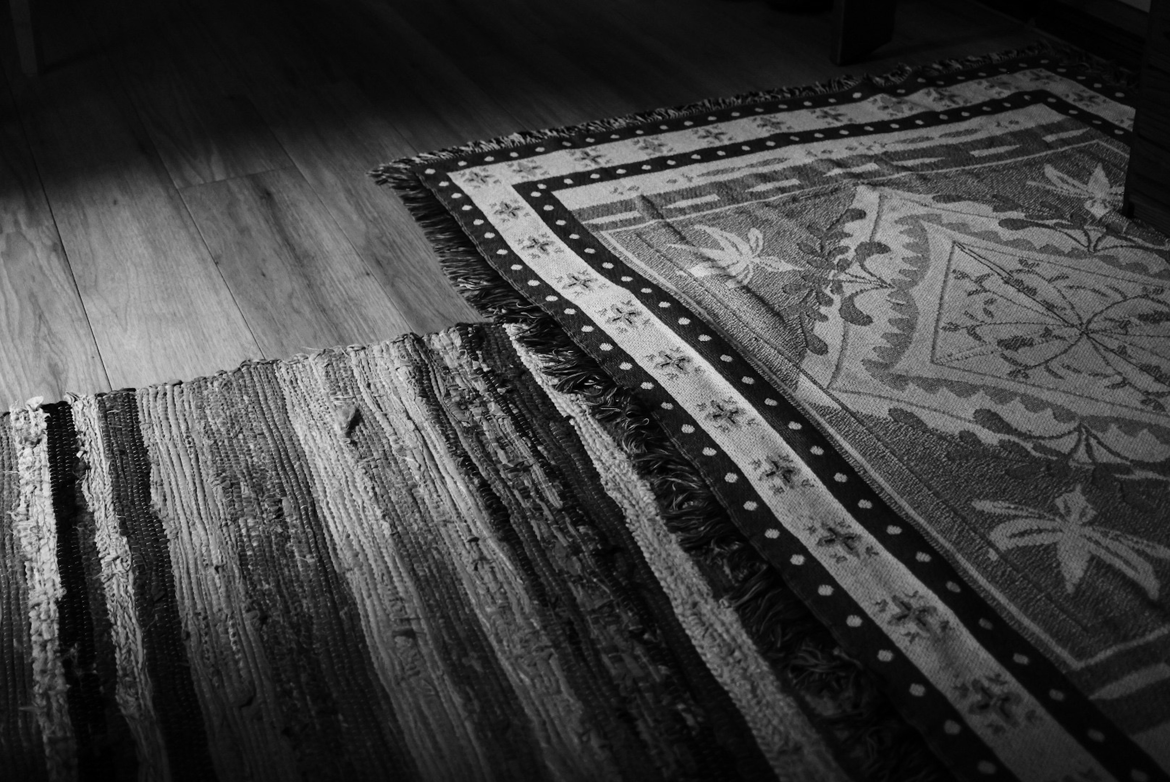 Black and white image showing two distinct carpets laid on the floor