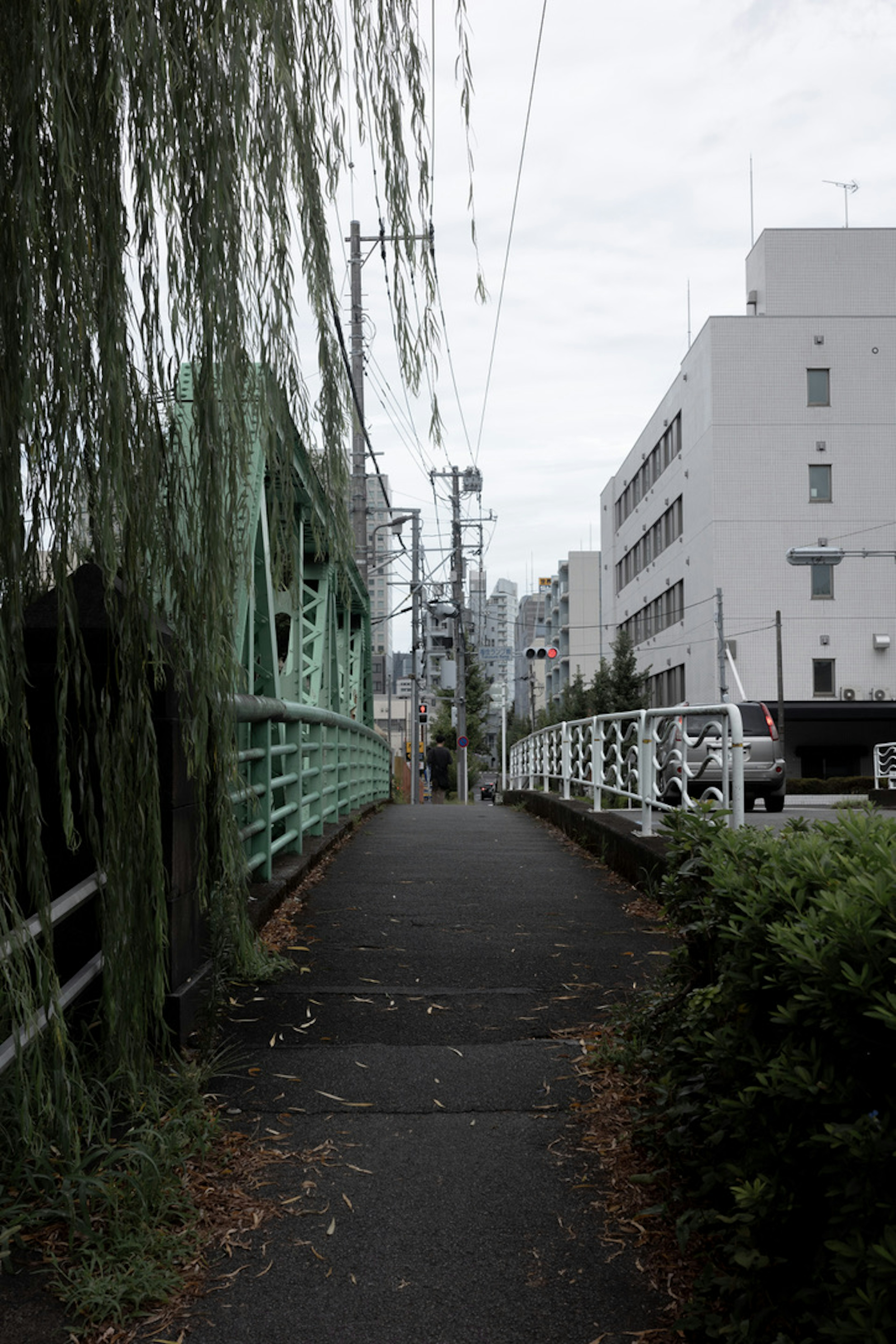 緑色の橋と周囲の建物を含む静かな街道の風景