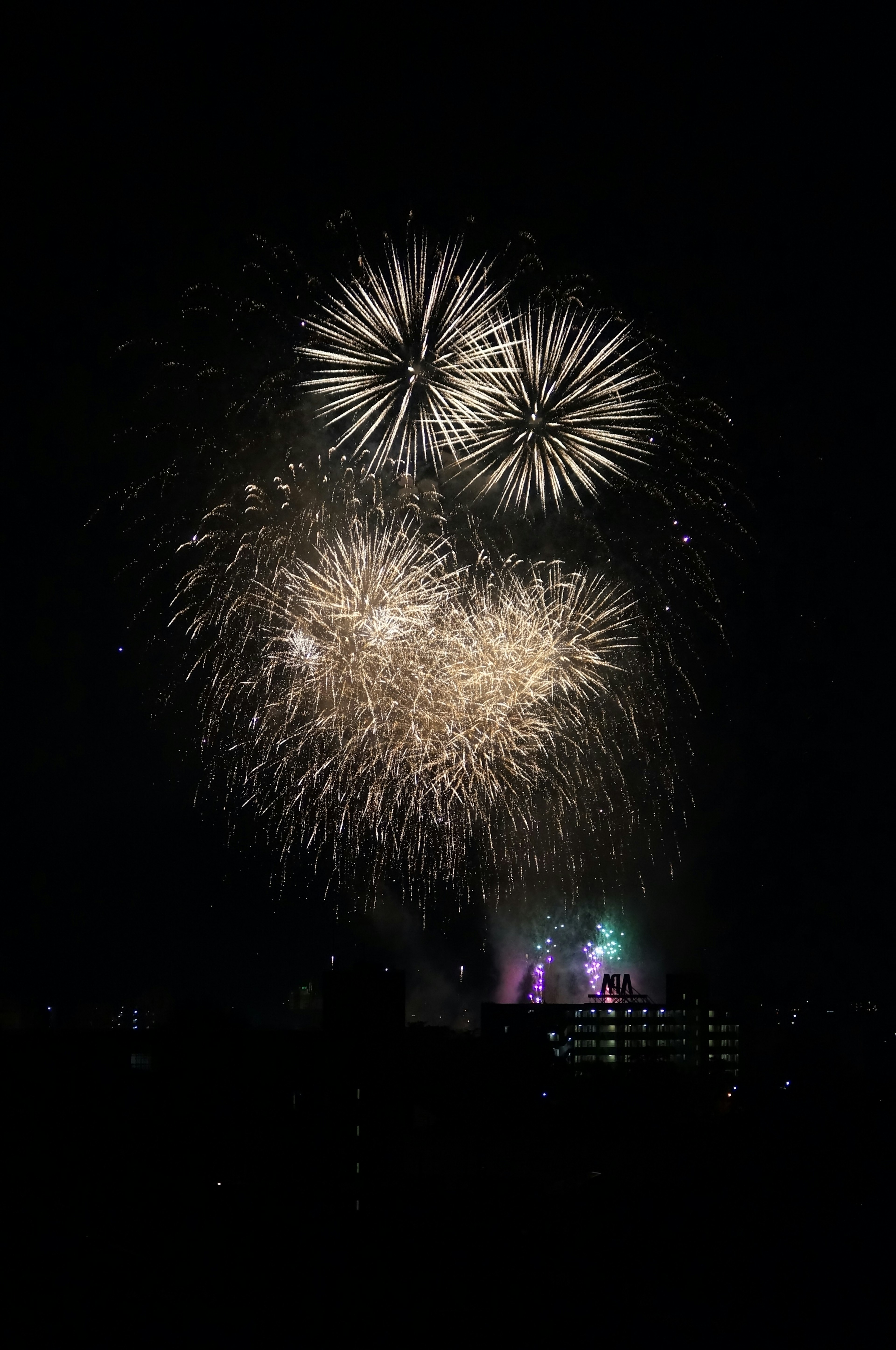 Spettacolo di fuochi d'artificio che illumina il cielo notturno con silhouette di edifici