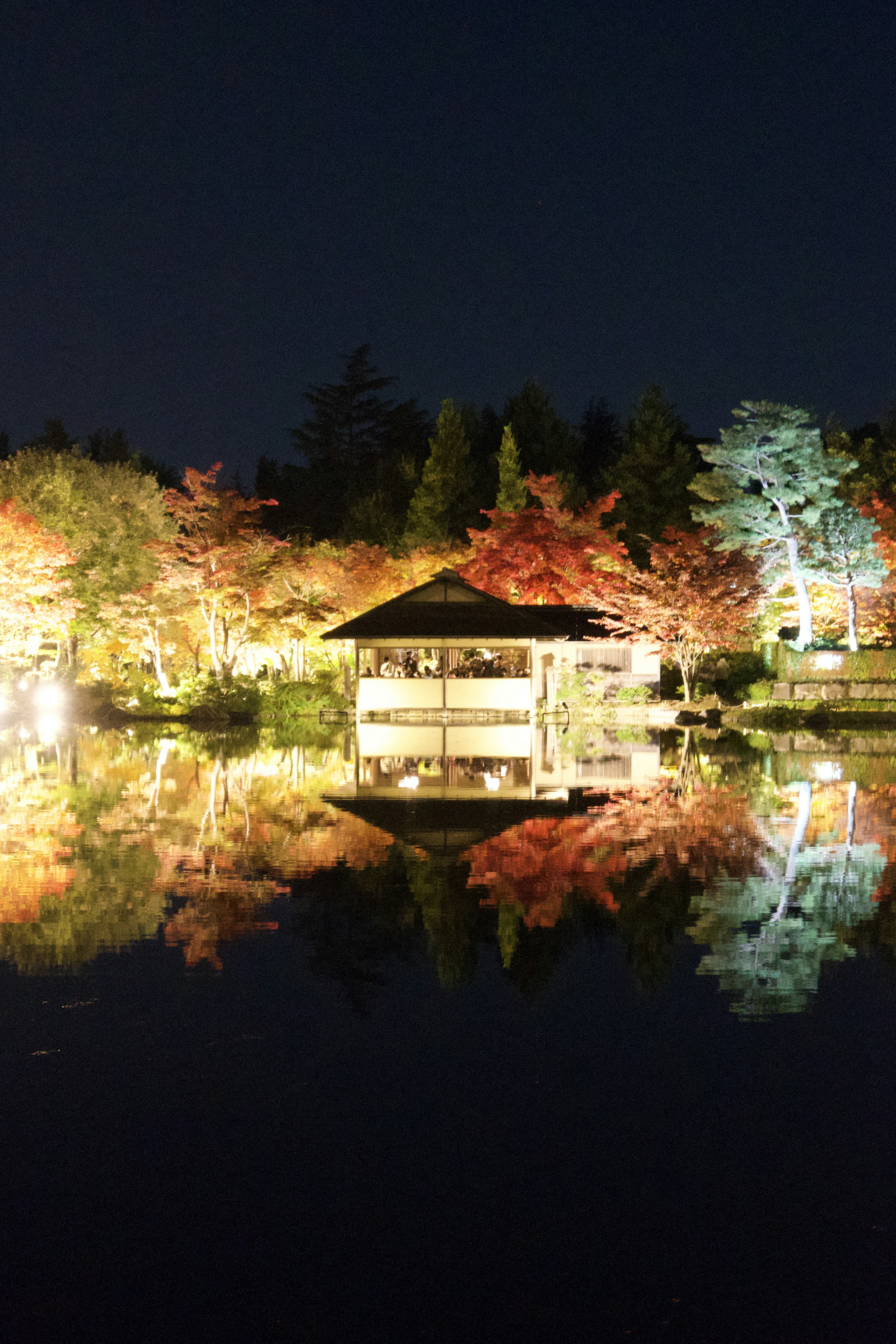 Night view of a tea house surrounded by colorful autumn leaves reflecting in a pond