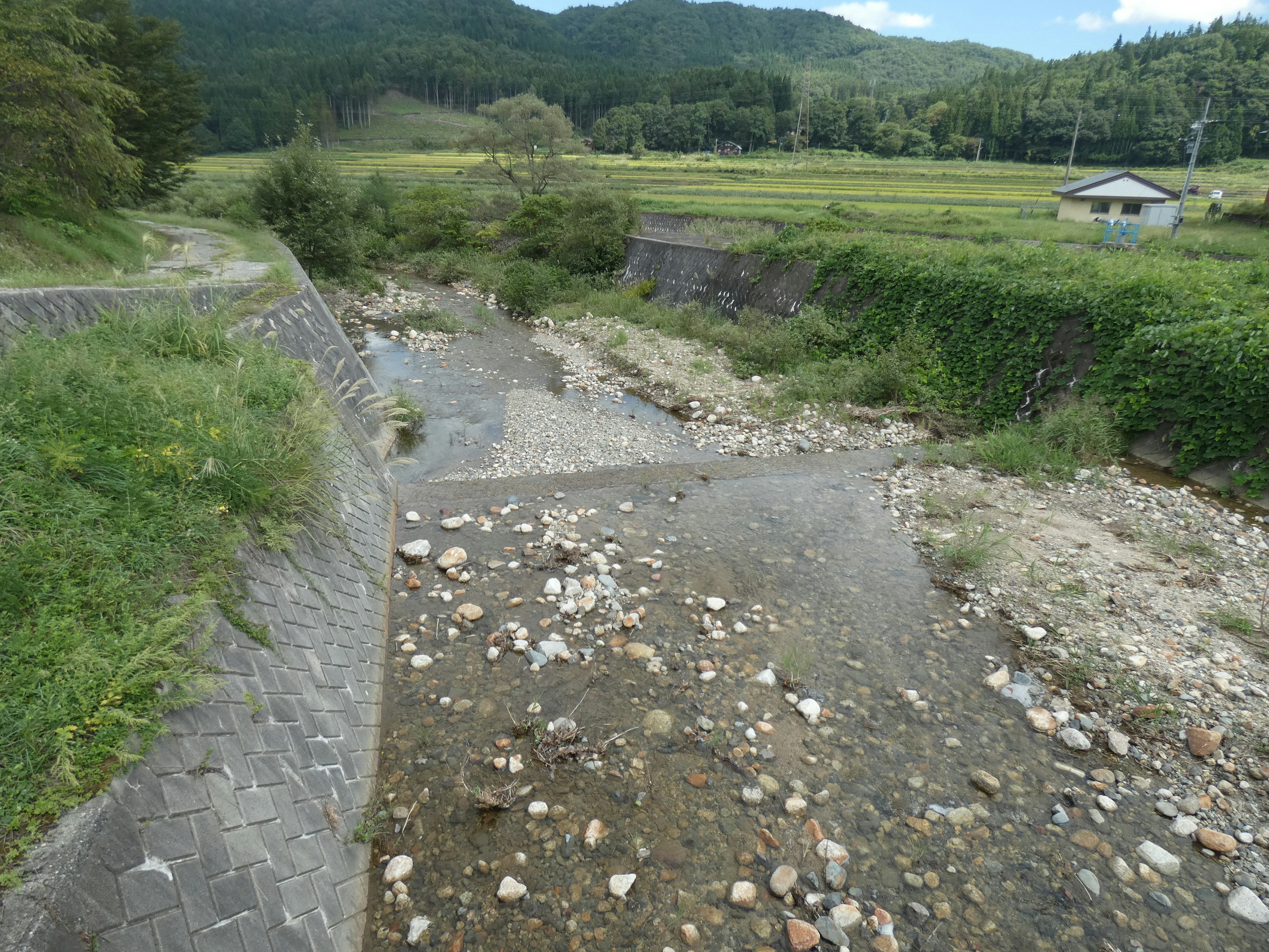 Sungai mengalir melalui pemandangan pedesaan hijau dengan batu dan ladang