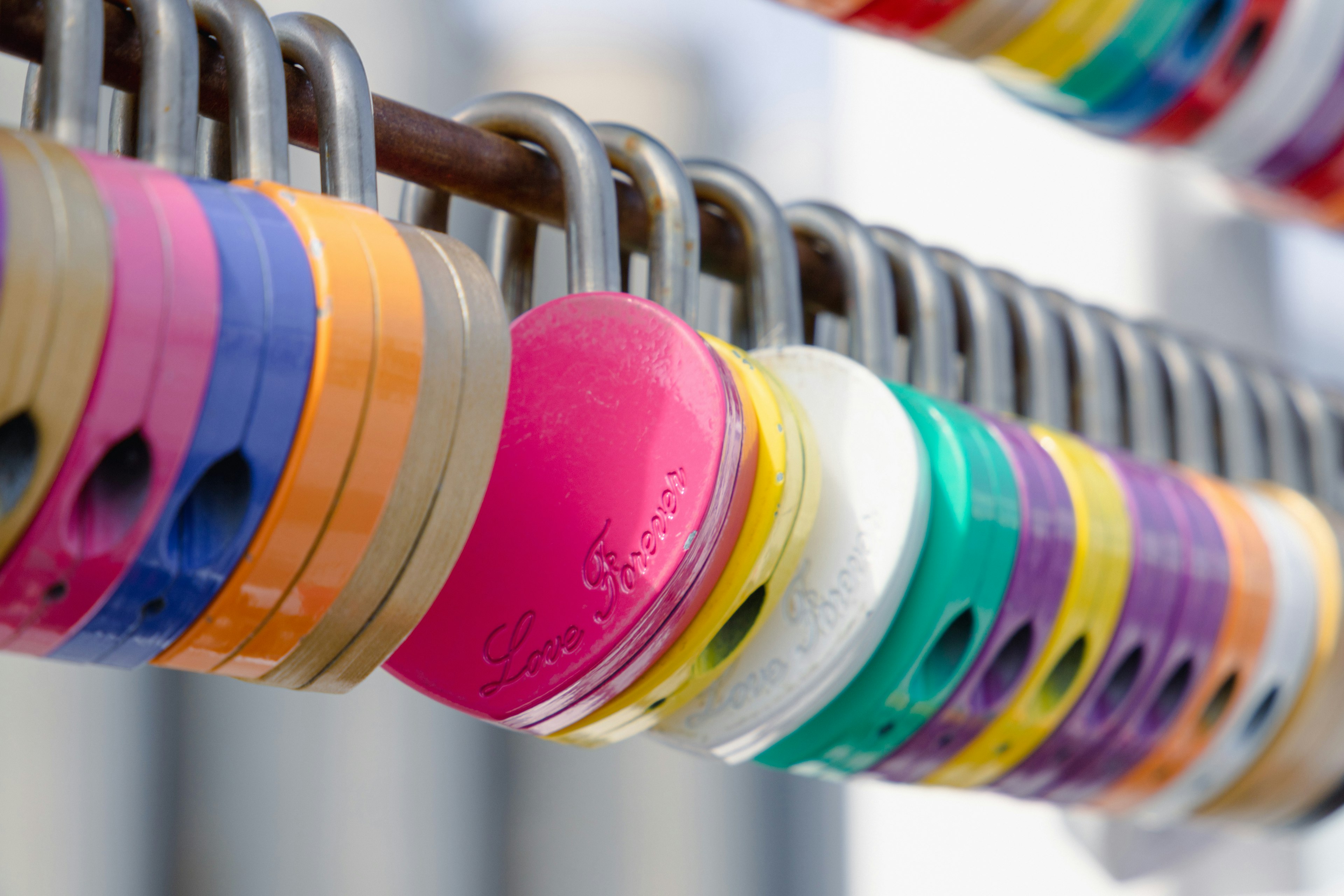 Colorful locks arranged in a row featuring various bright colors