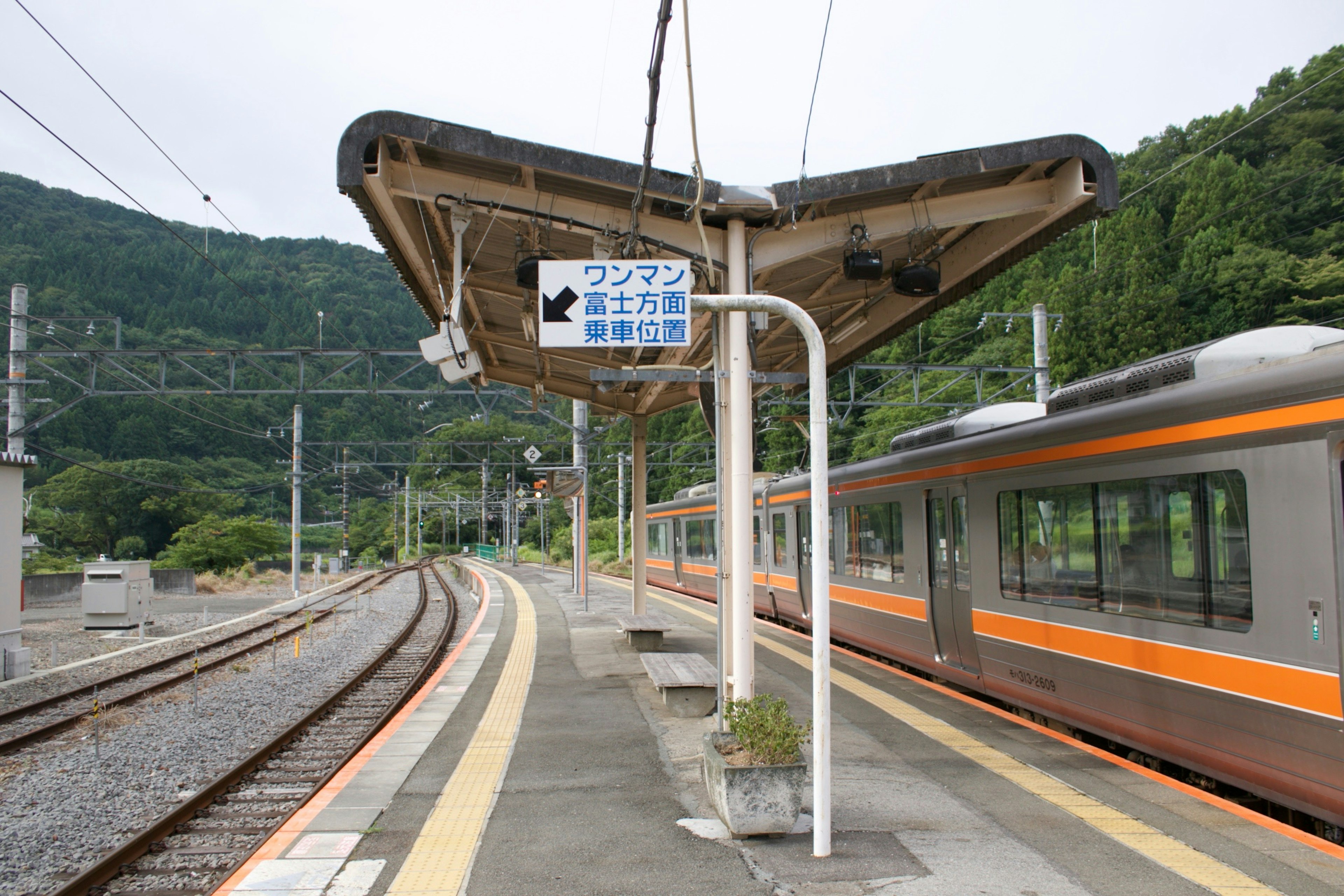 Train stopped at a mountain station platform with a directional sign